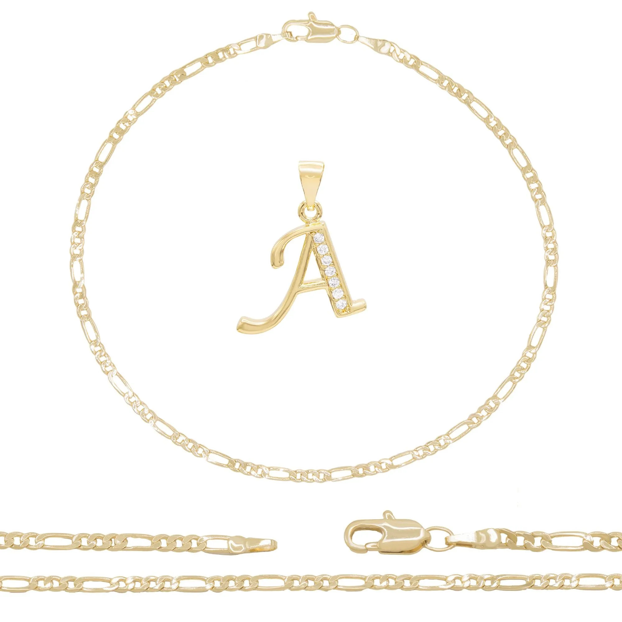 A-Z Letter CZ Pendant 14K Gold Filled Figaro Anklet Set 10" Women Jewelry