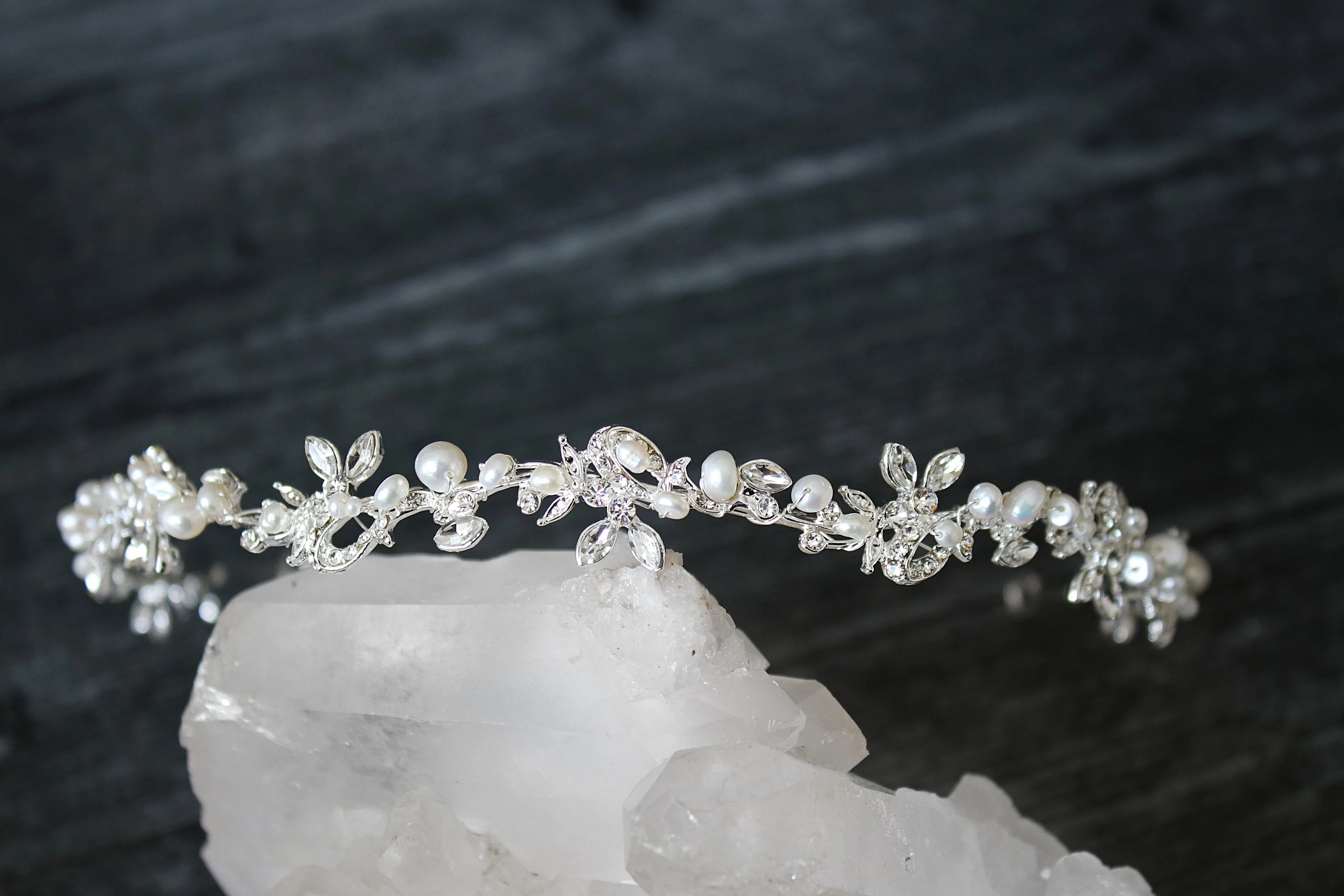 ABIGAIL Silver Freshwater Pearl Bridal Crystal Headband Headpiece