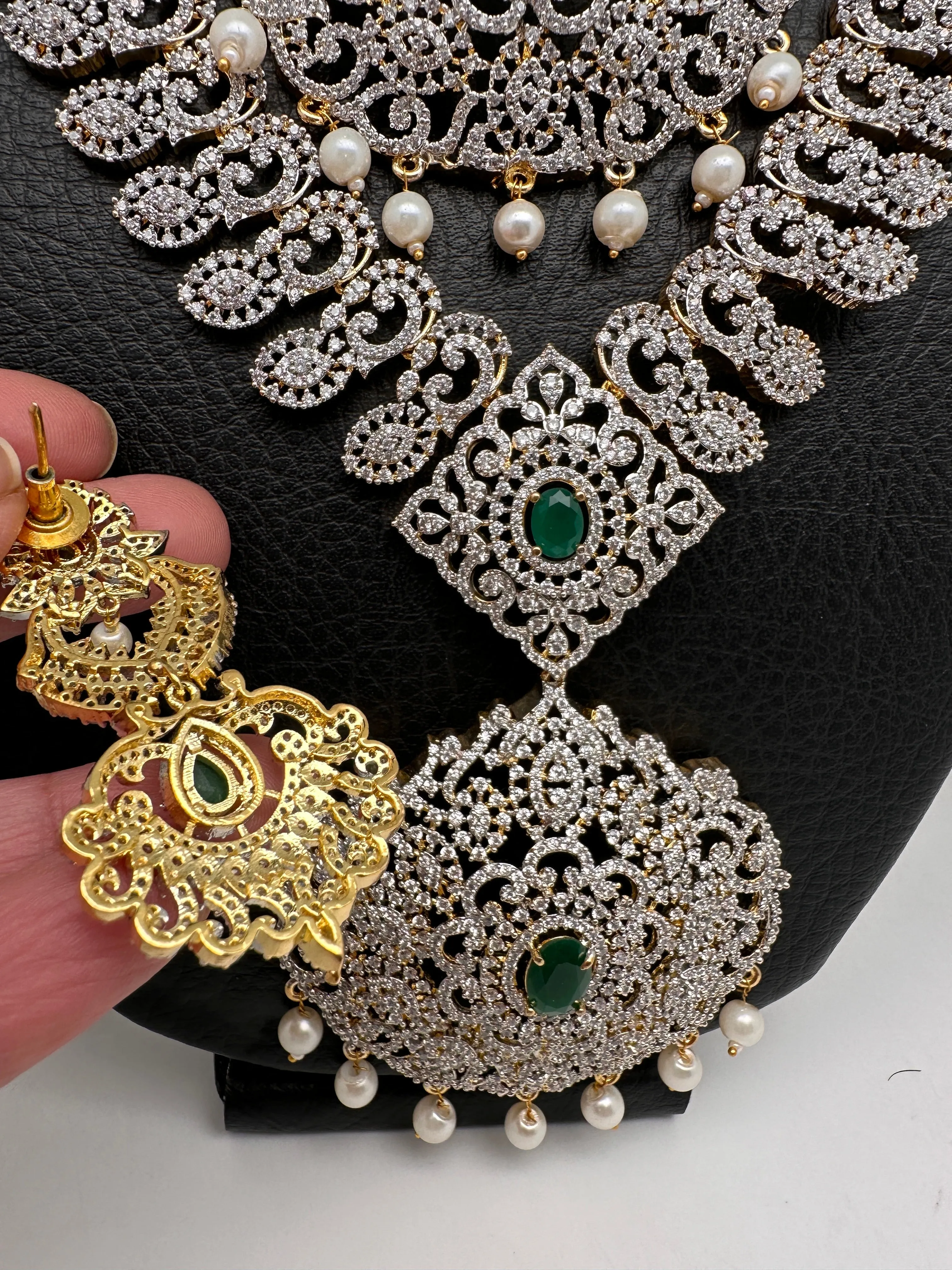 AD Diamond Finish Ganga Jamuna Polish Floral Green Stone Long Short Necklace Combo Set