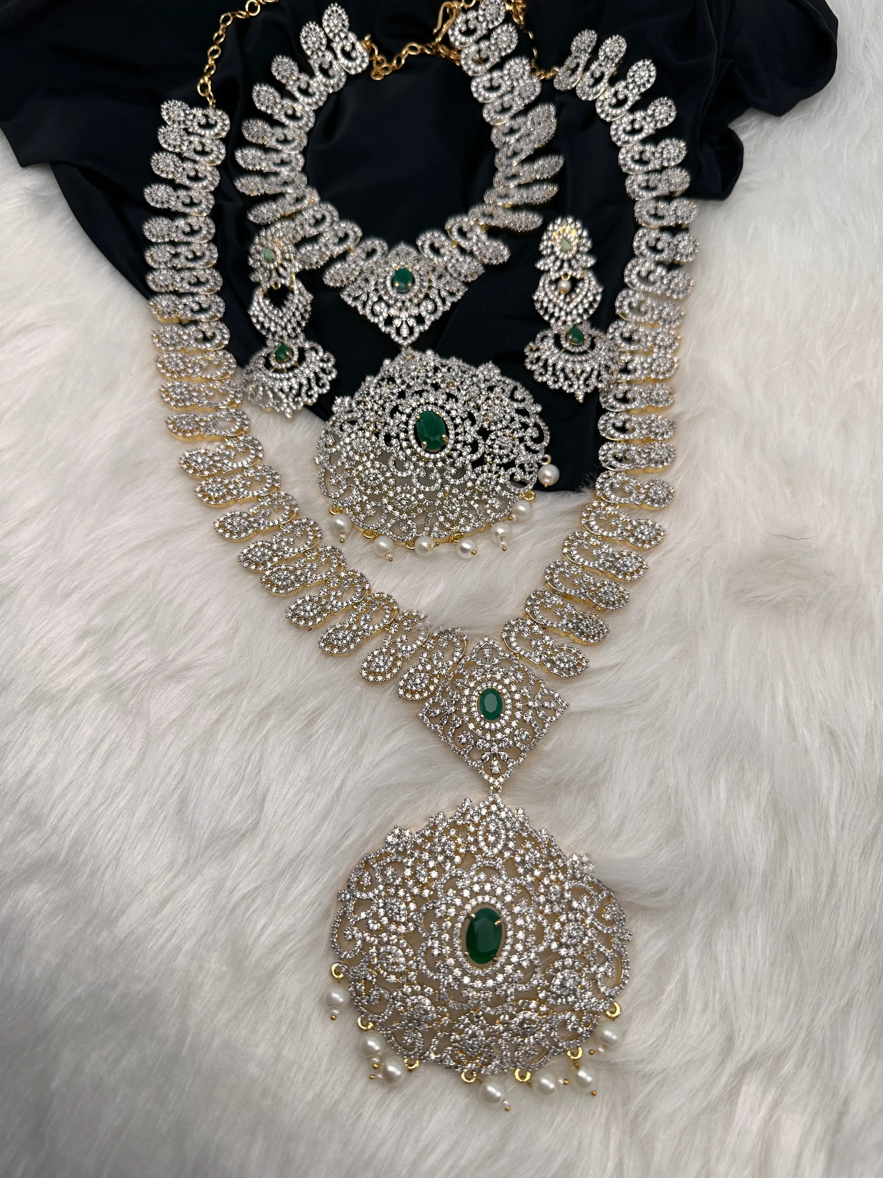 AD Diamond Finish Ganga Jamuna Polish Floral Green Stone Long Short Necklace Combo Set