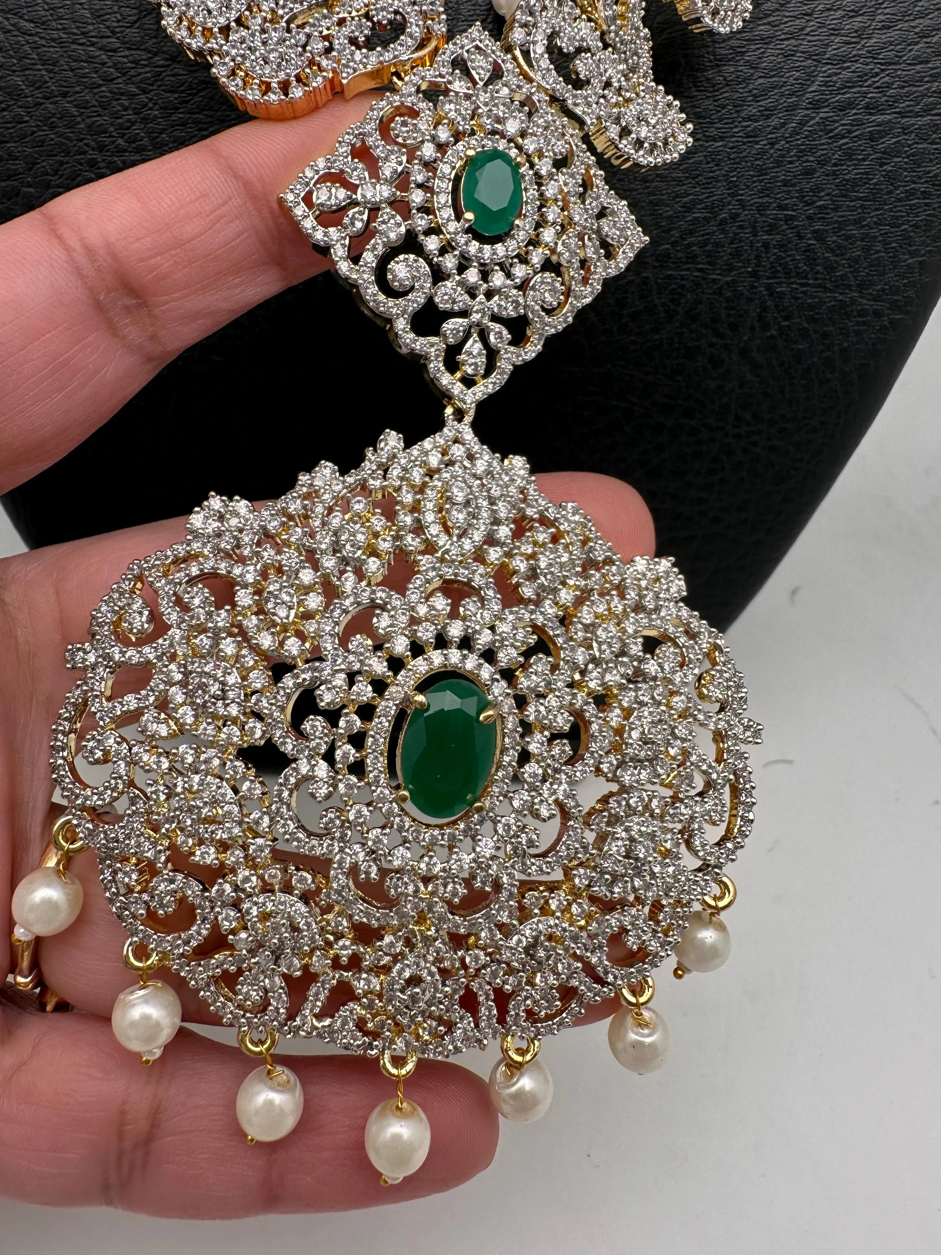 AD Diamond Finish Ganga Jamuna Polish Floral Green Stone Long Short Necklace Combo Set