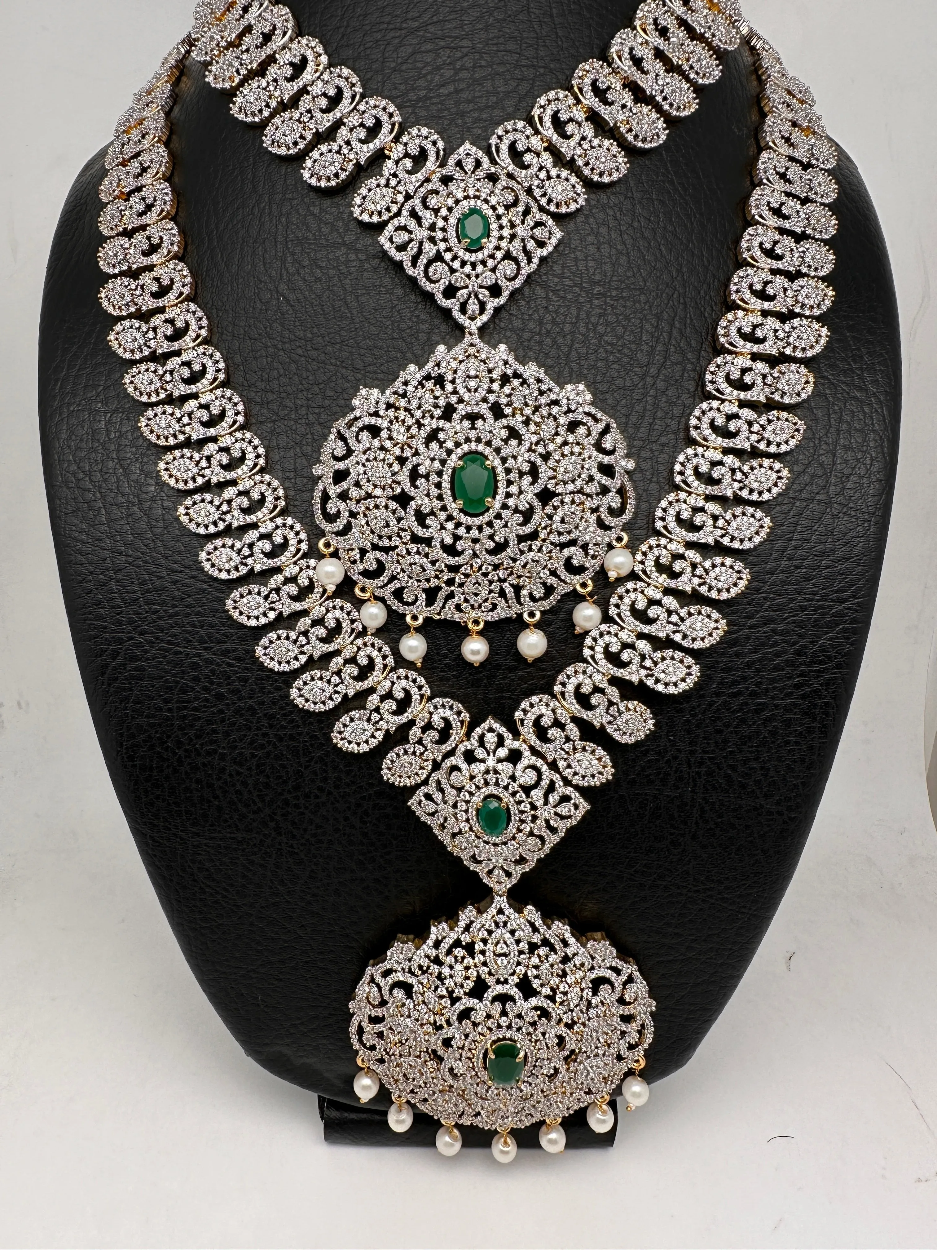 AD Diamond Finish Ganga Jamuna Polish Floral Green Stone Long Short Necklace Combo Set