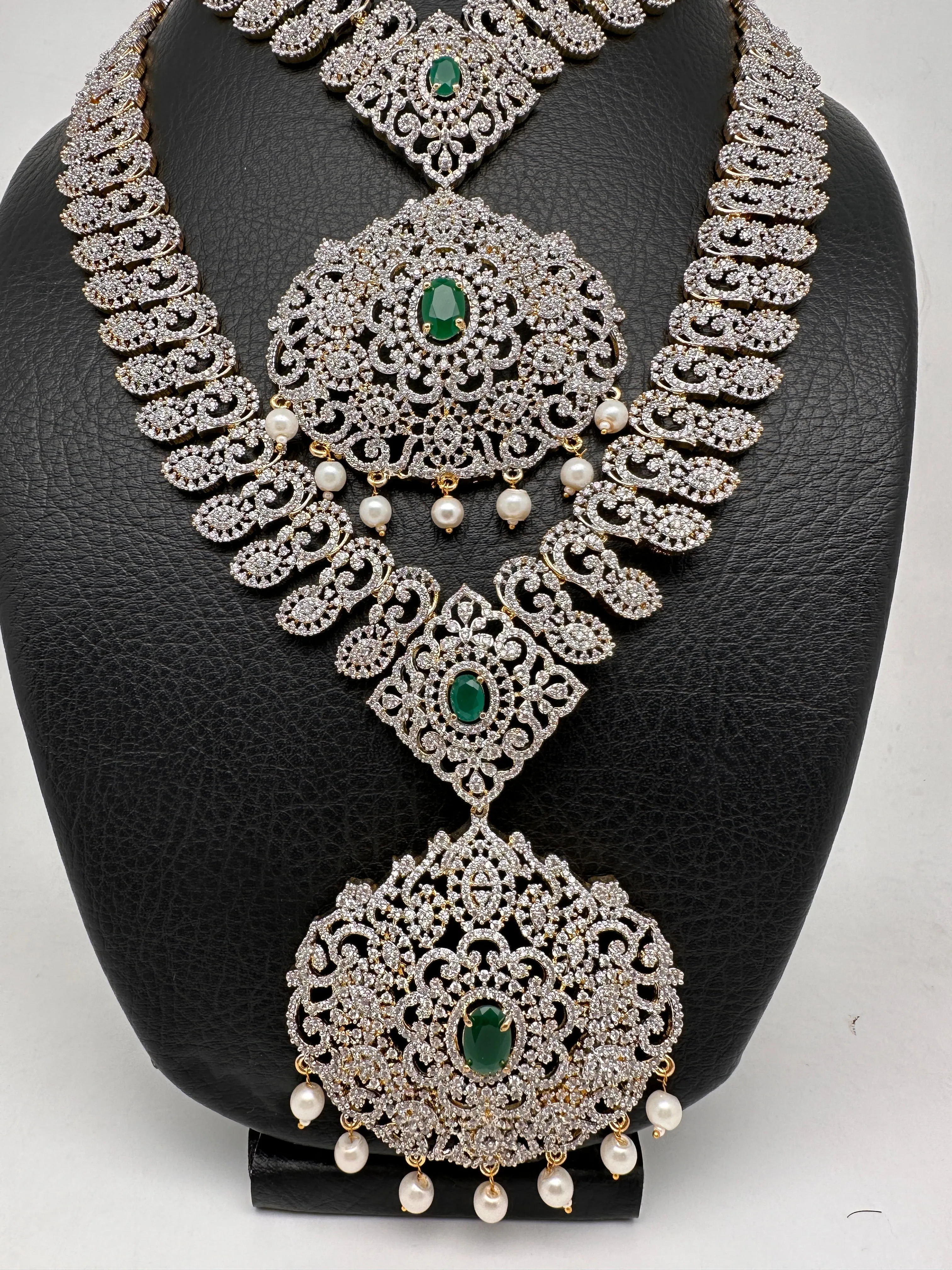 AD Diamond Finish Ganga Jamuna Polish Floral Green Stone Long Short Necklace Combo Set