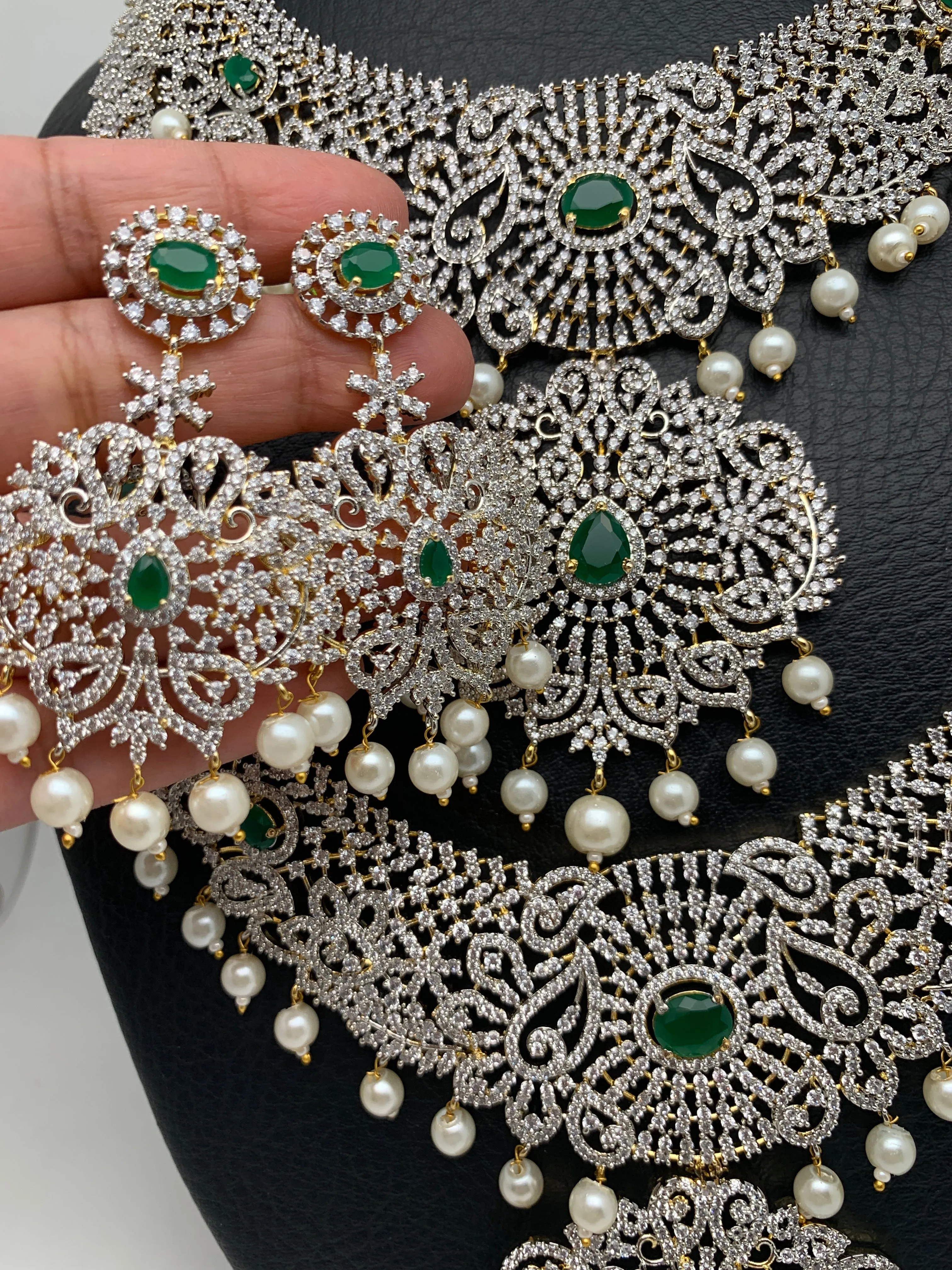 AD Diamond Finish Ganga Jamuna Polish Floral Green Stone Long Short Stiff Necklace Combo Set