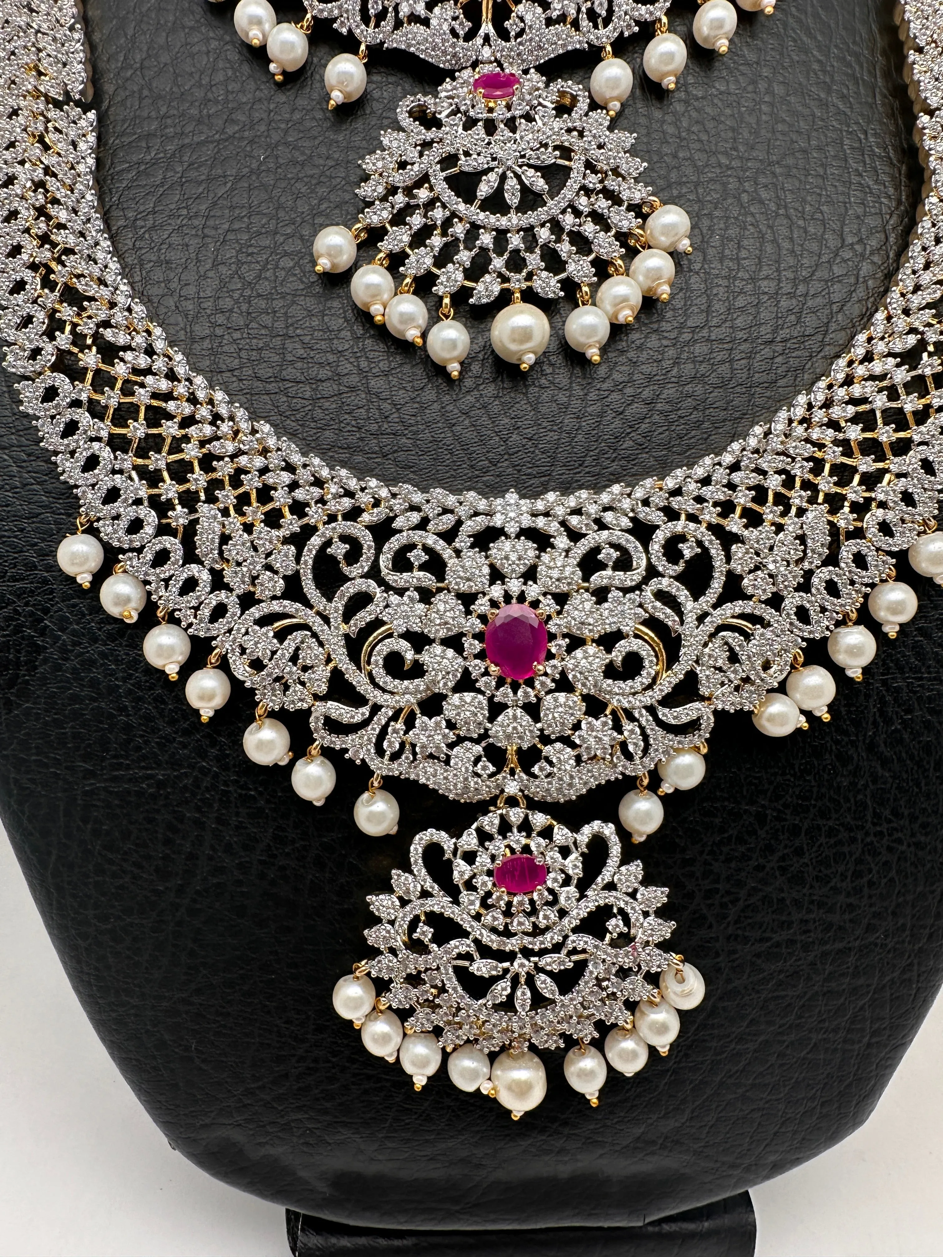 AD Diamond Finish Ganga Jamuna Polish Floral Red Stone Long Short Necklace Combo Set