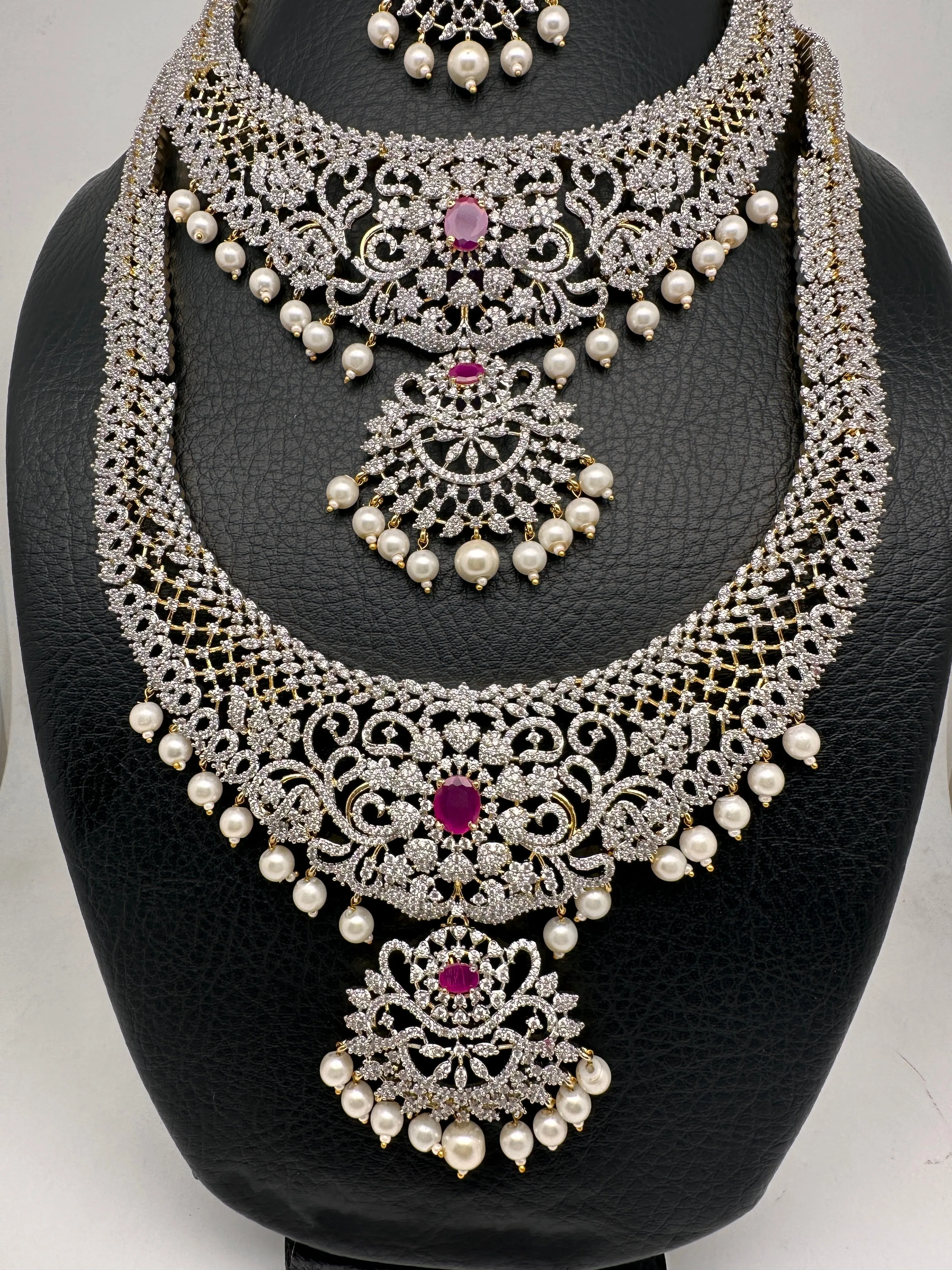 AD Diamond Finish Ganga Jamuna Polish Floral Red Stone Long Short Necklace Combo Set