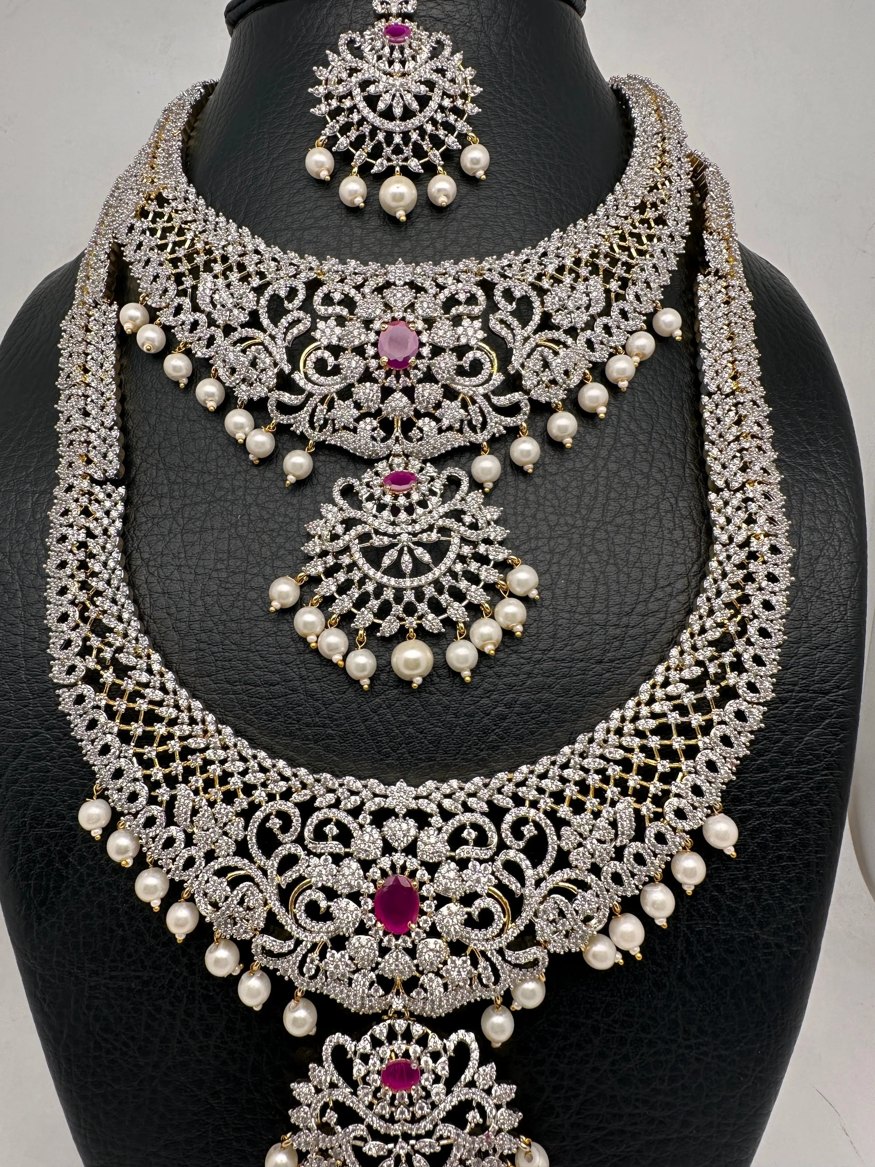 AD Diamond Finish Ganga Jamuna Polish Floral Red Stone Long Short Necklace Combo Set