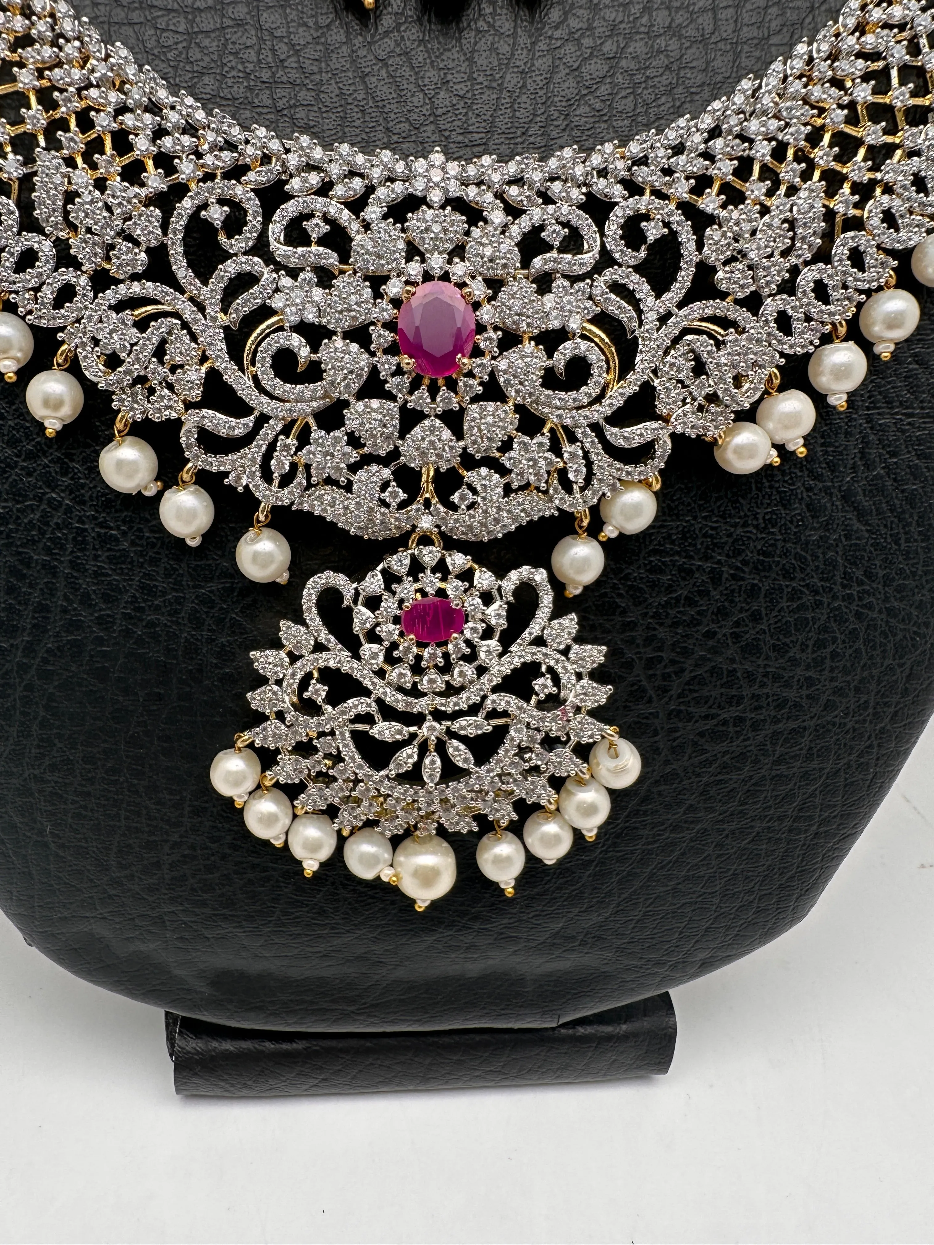 AD Diamond Finish Ganga Jamuna Polish Floral Red Stone Long Short Necklace Combo Set