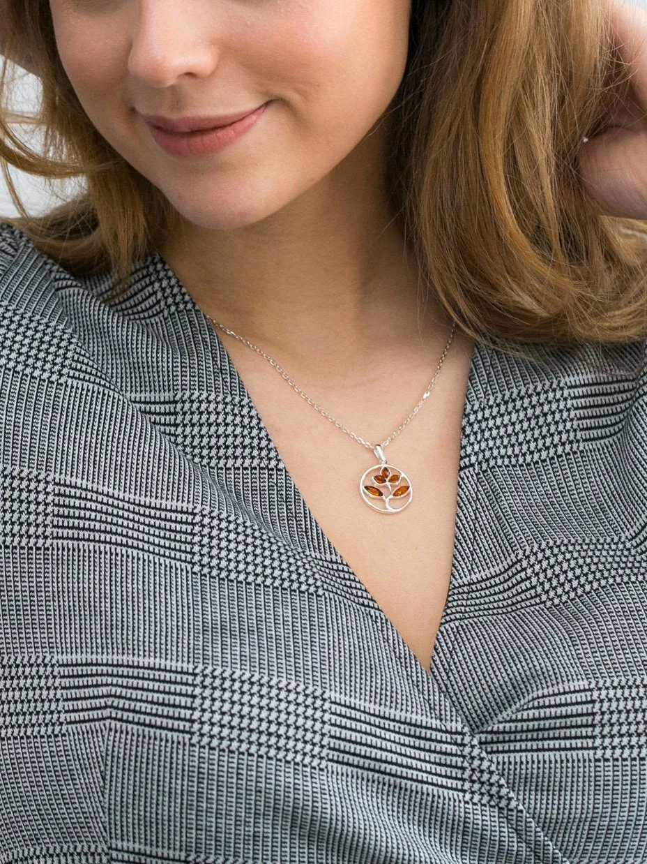 Amber Tree Charm Pendant, Minimal Amber Necklace - Sterling Silver