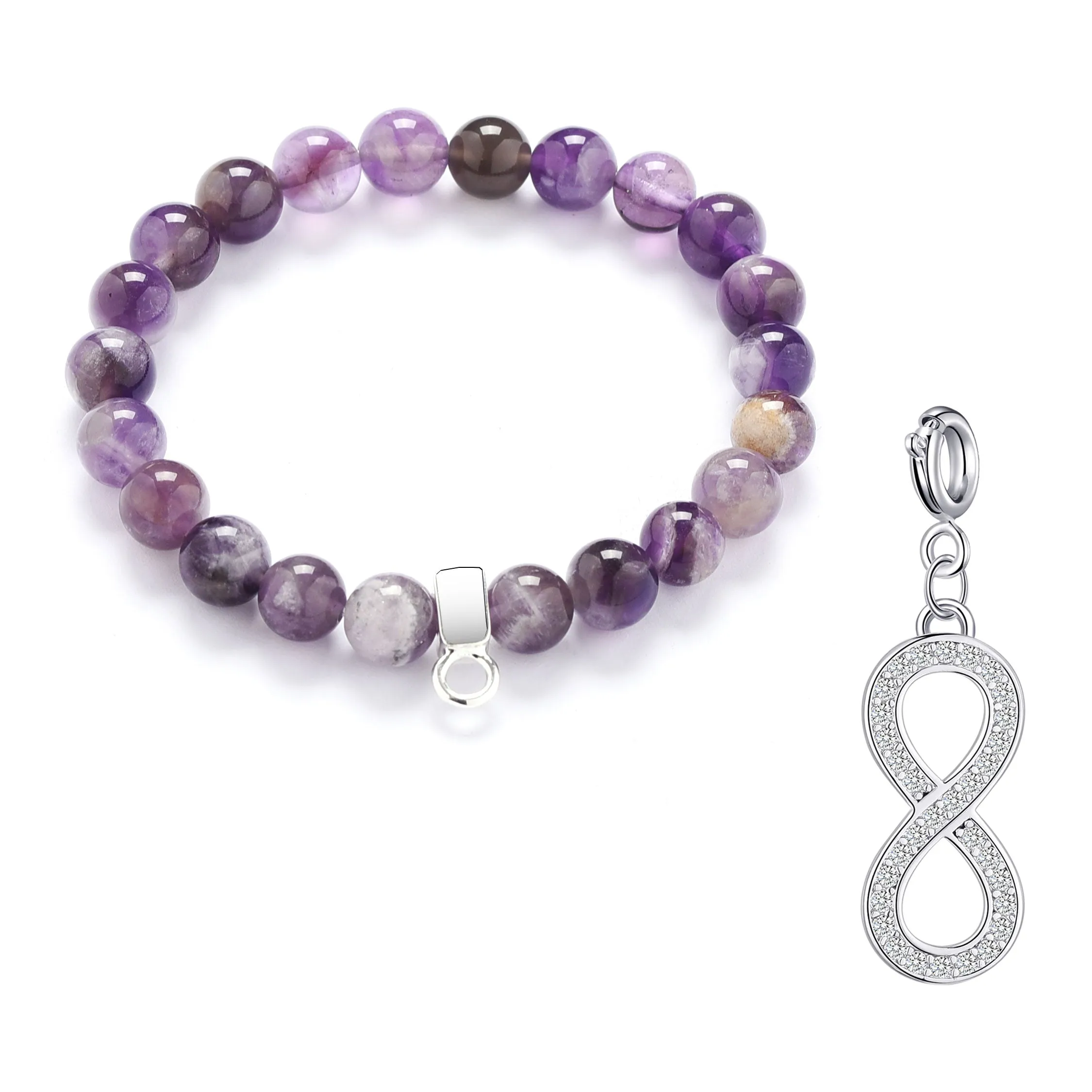 Amethyst Gemstone Stretch Bracelet with Charm Created with Zircondia® Crystals