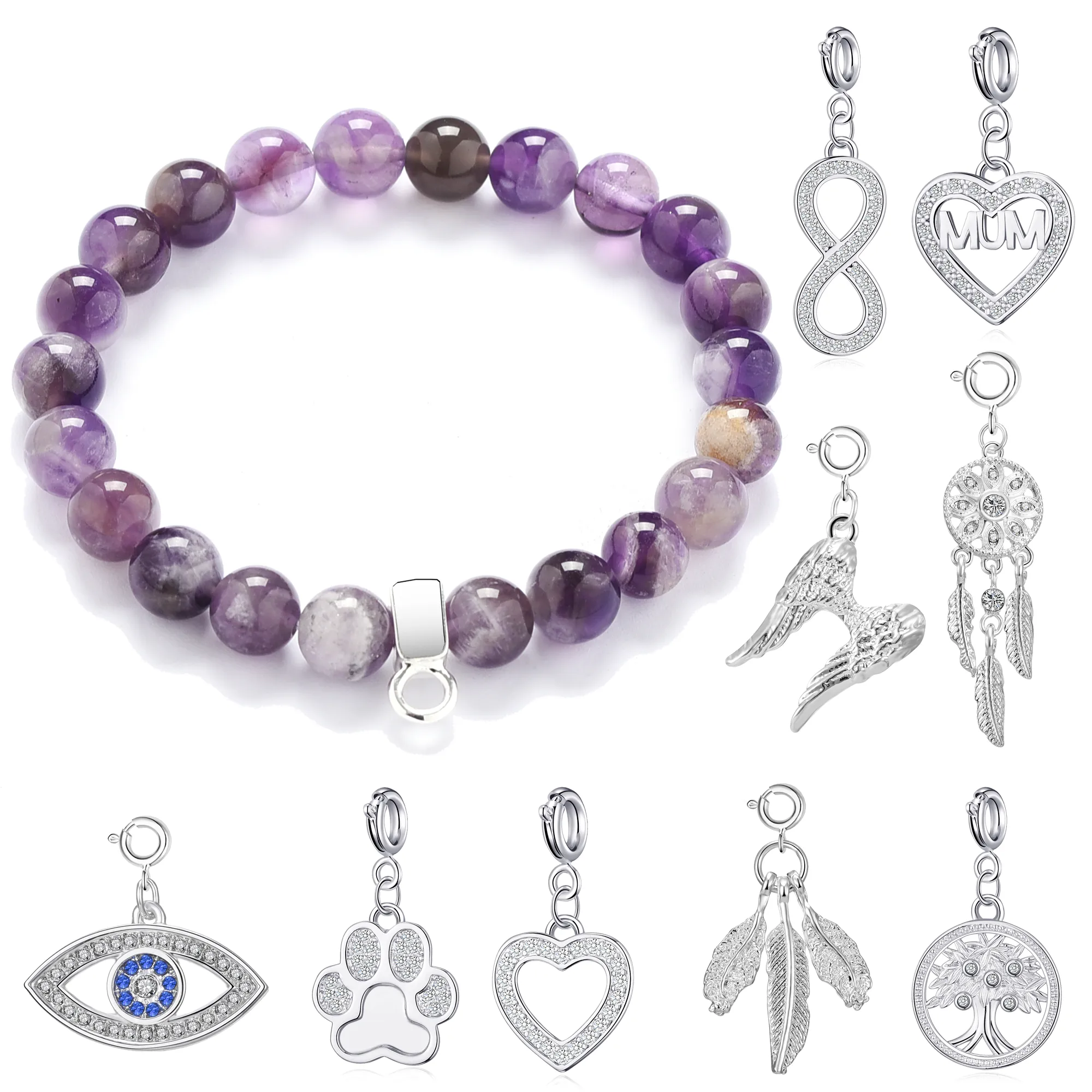 Amethyst Gemstone Stretch Bracelet with Charm Created with Zircondia® Crystals