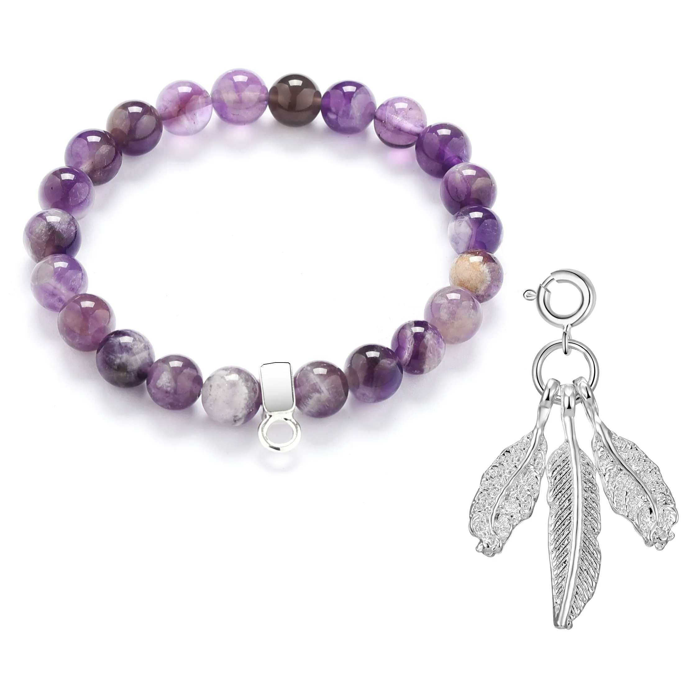 Amethyst Gemstone Stretch Bracelet with Charm Created with Zircondia® Crystals