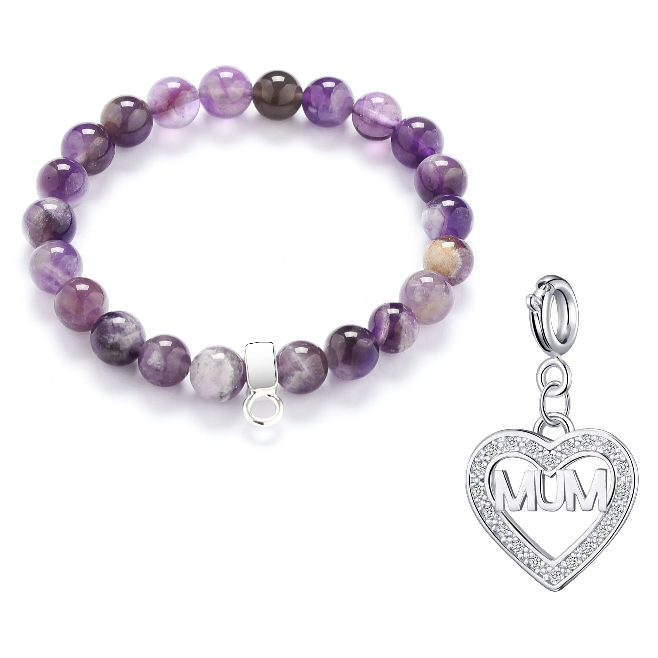 Amethyst Gemstone Stretch Bracelet with Charm Created with Zircondia® Crystals