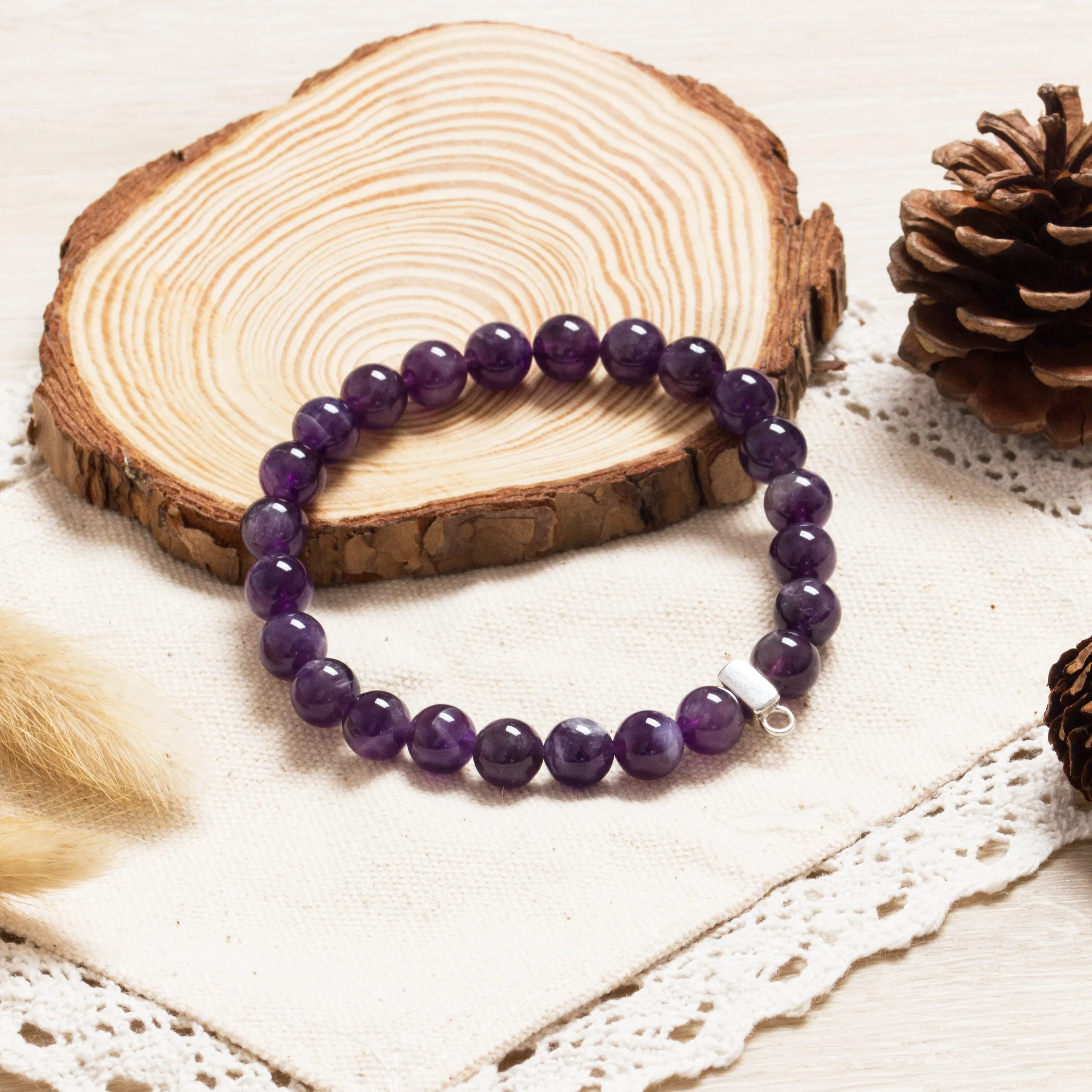 Amethyst Gemstone Stretch Bracelet with Charm Created with Zircondia® Crystals