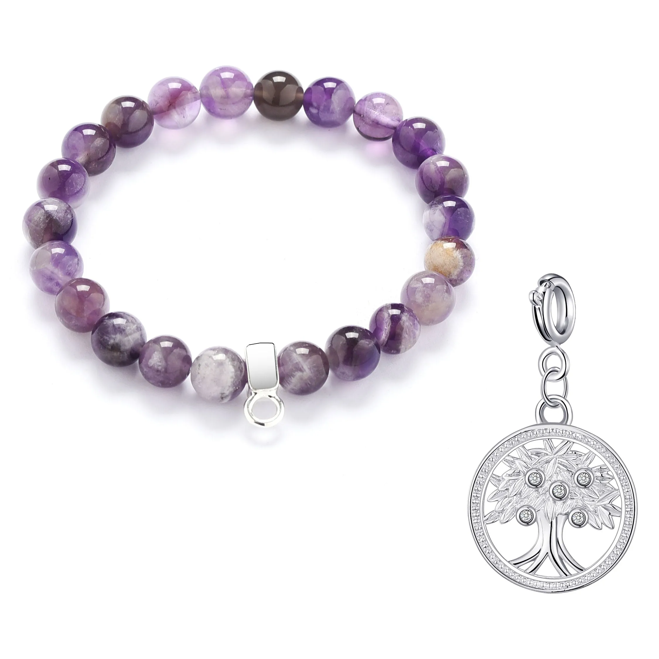 Amethyst Gemstone Stretch Bracelet with Charm Created with Zircondia® Crystals