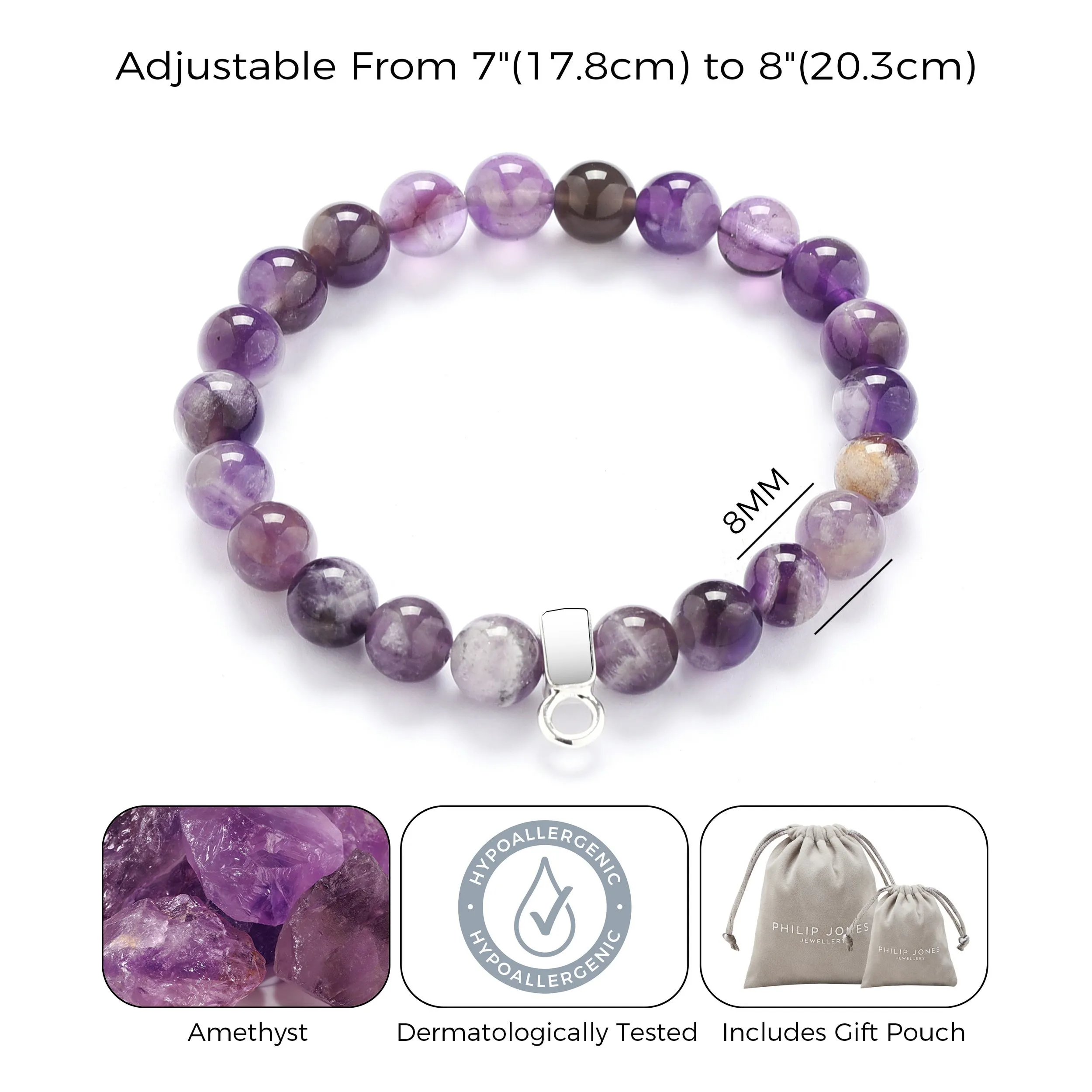 Amethyst Gemstone Stretch Bracelet with Charm Created with Zircondia® Crystals