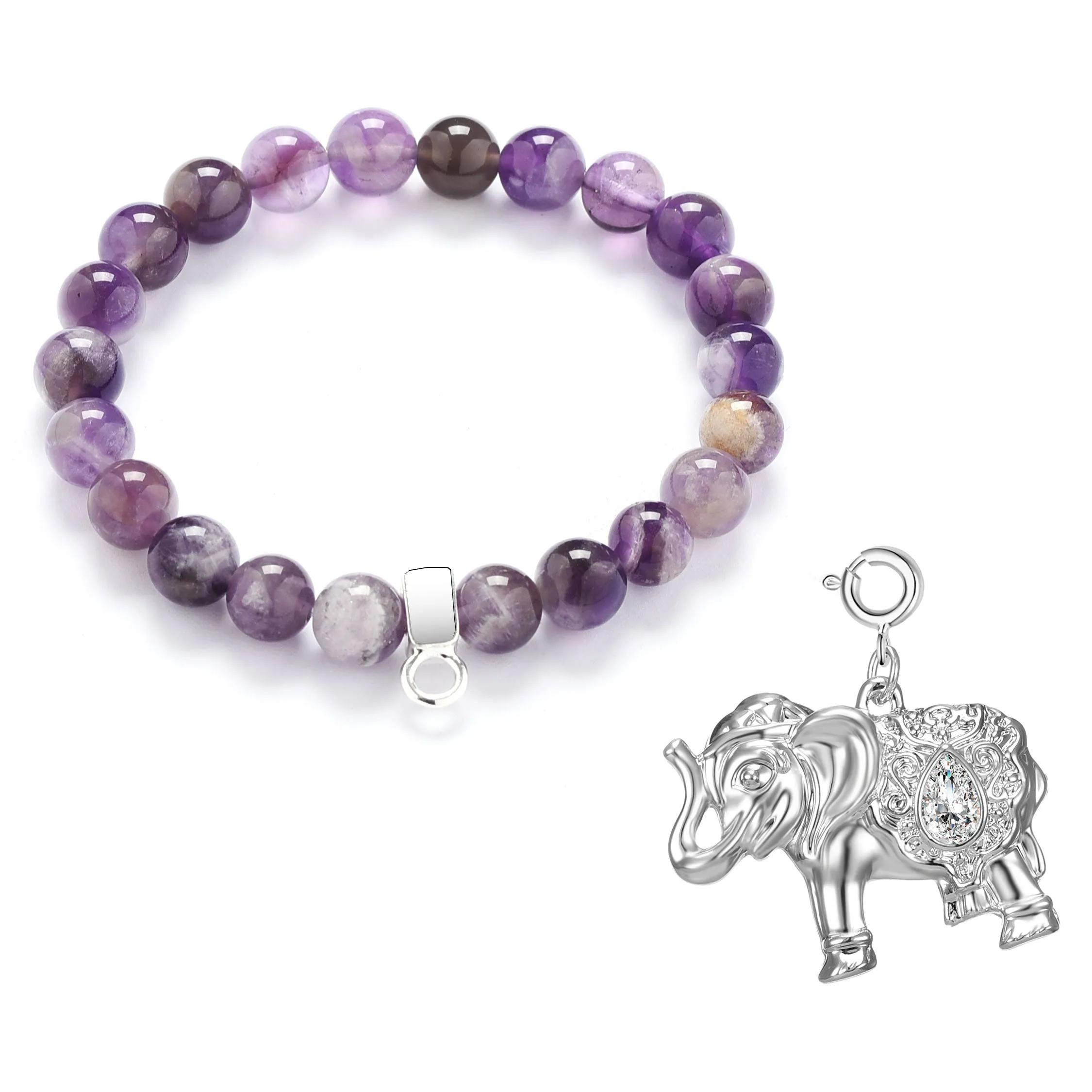 Amethyst Gemstone Stretch Bracelet with Charm Created with Zircondia® Crystals