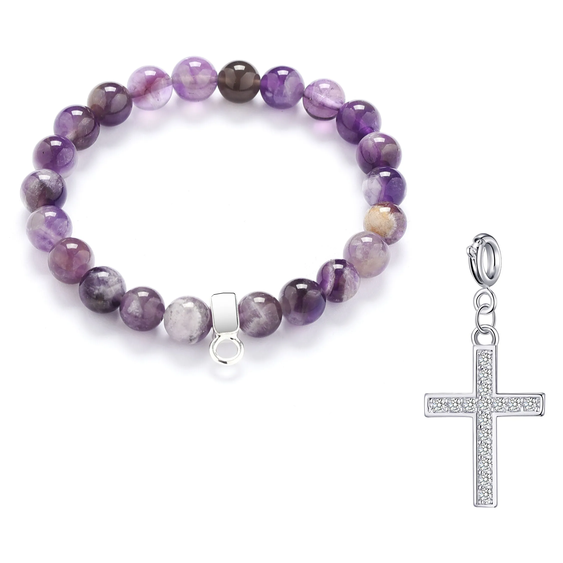 Amethyst Gemstone Stretch Bracelet with Charm Created with Zircondia® Crystals