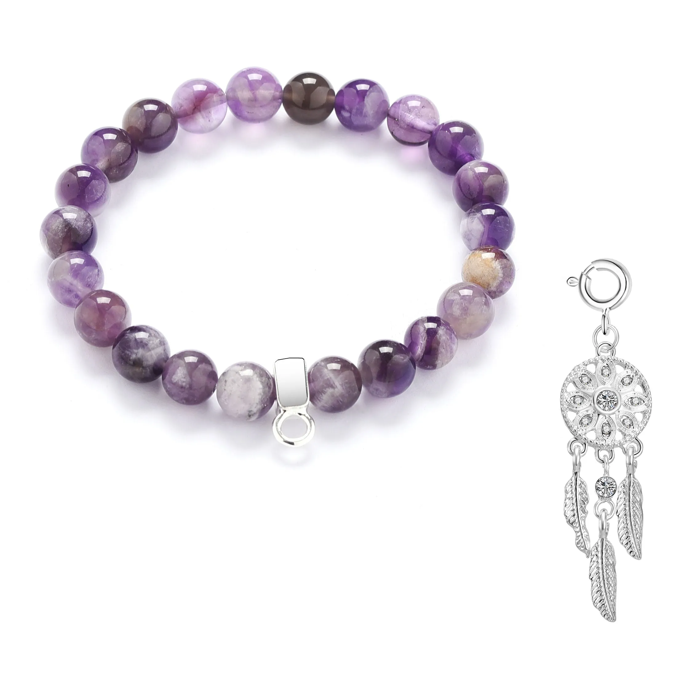 Amethyst Gemstone Stretch Bracelet with Charm Created with Zircondia® Crystals