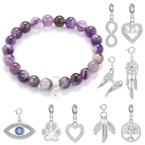 Amethyst Gemstone Stretch Bracelet with Charm Created with Zircondia® Crystals