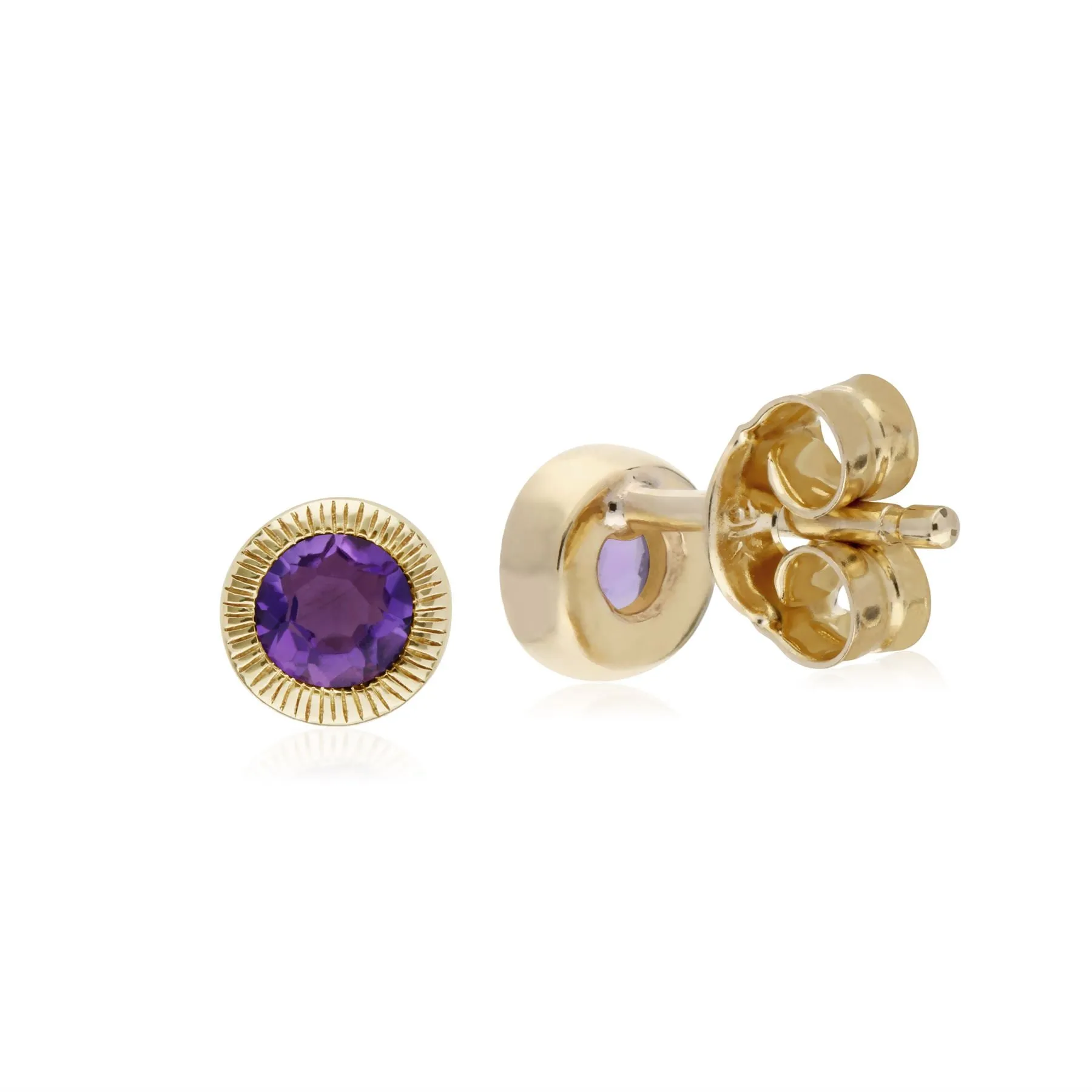 Amethyst Ohrringe, 9 Karat Gelbgold Amethyst Einzel Stein Rund Milgrain Ohrstecker