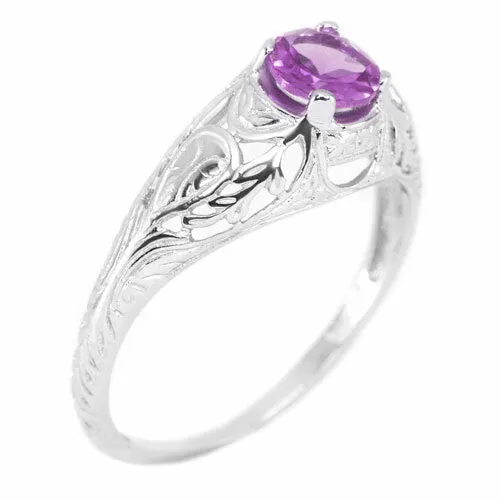 AMETHYST STERLING SILVER VINTAGE STYLE SOLITAIRE RING FLORAL PROMISE PURPLE