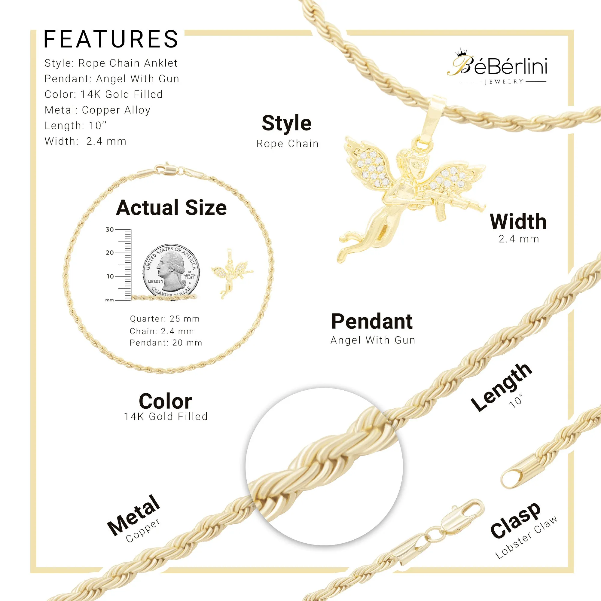 Angel CZ Pendant 14K Anklet Bracelet Gold Filled Cubic Zirconia Charm Rope Foot Set 10" WomenJewelry