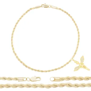 Angel CZ Pendant 14K Anklet Bracelet Gold Filled Cubic Zirconia Charm Rope Foot Set 10" WomenJewelry