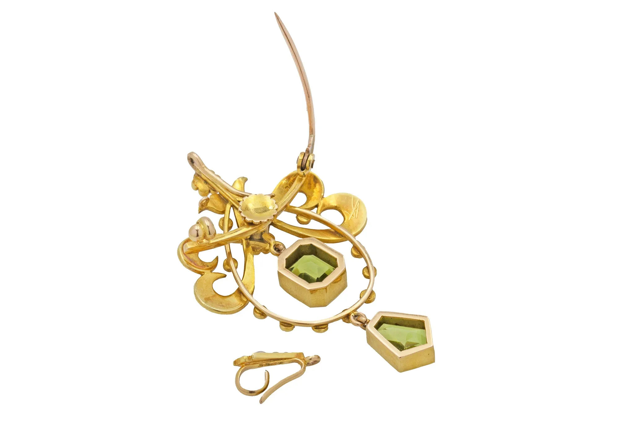 Antique 15ct Gold Peridot Pearl Pendant (4.00ct), Brooch Fitting