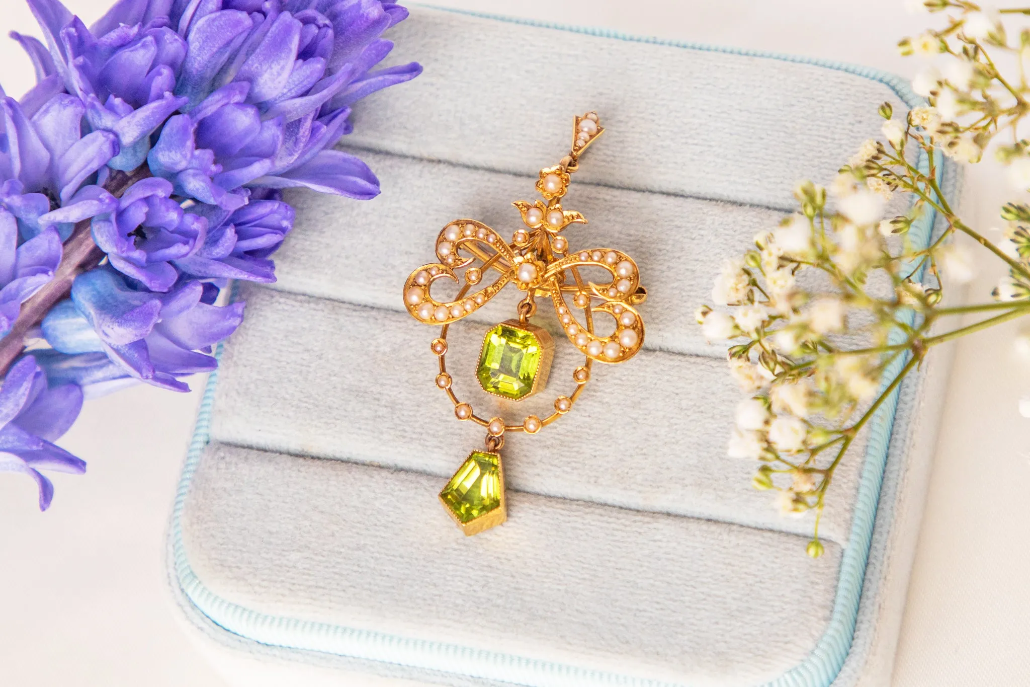 Antique 15ct Gold Peridot Pearl Pendant (4.00ct), Brooch Fitting