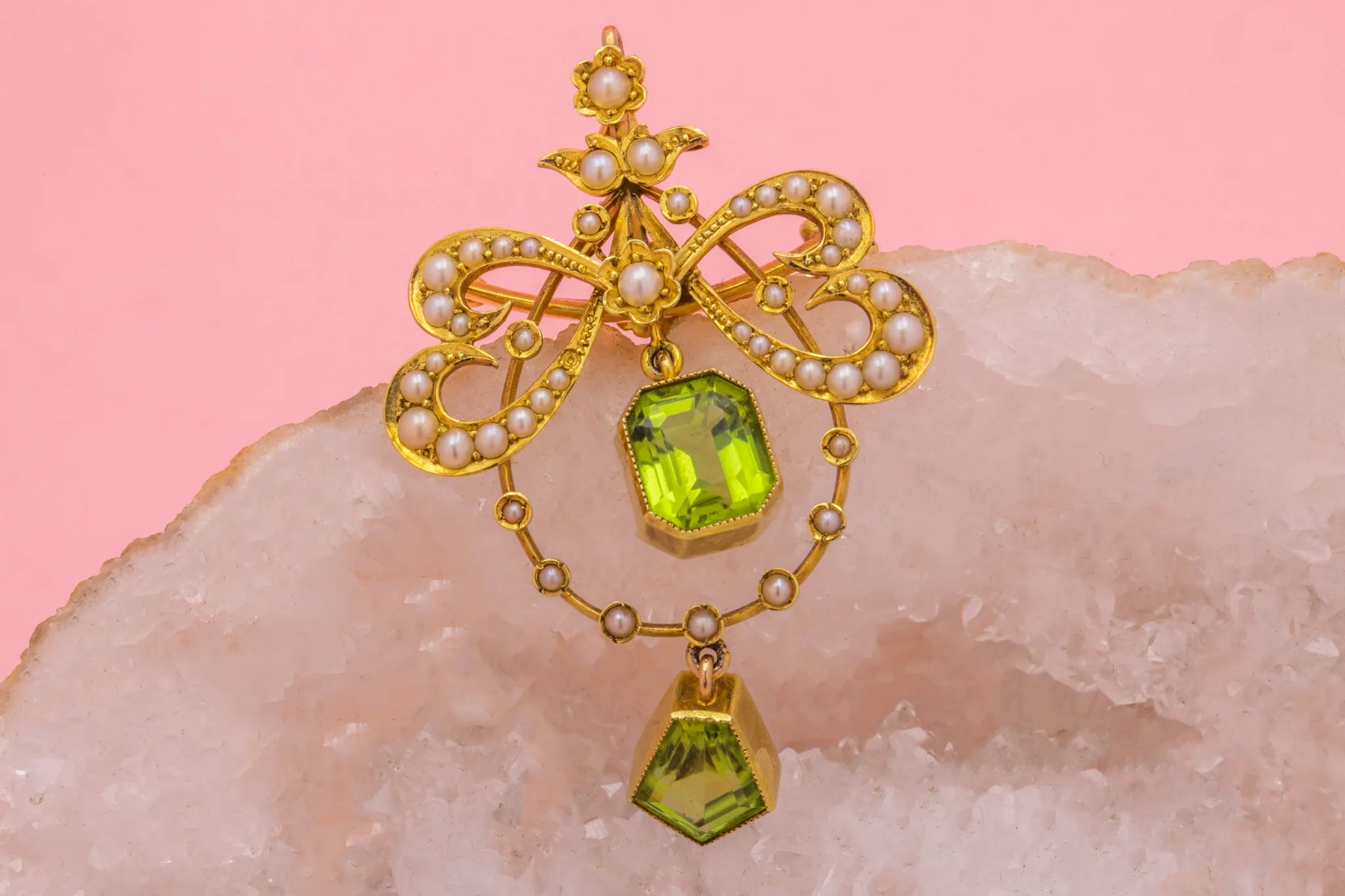 Antique 15ct Gold Peridot Pearl Pendant (4.00ct), Brooch Fitting