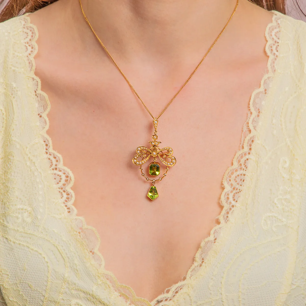 Antique 15ct Gold Peridot Pearl Pendant (4.00ct), Brooch Fitting