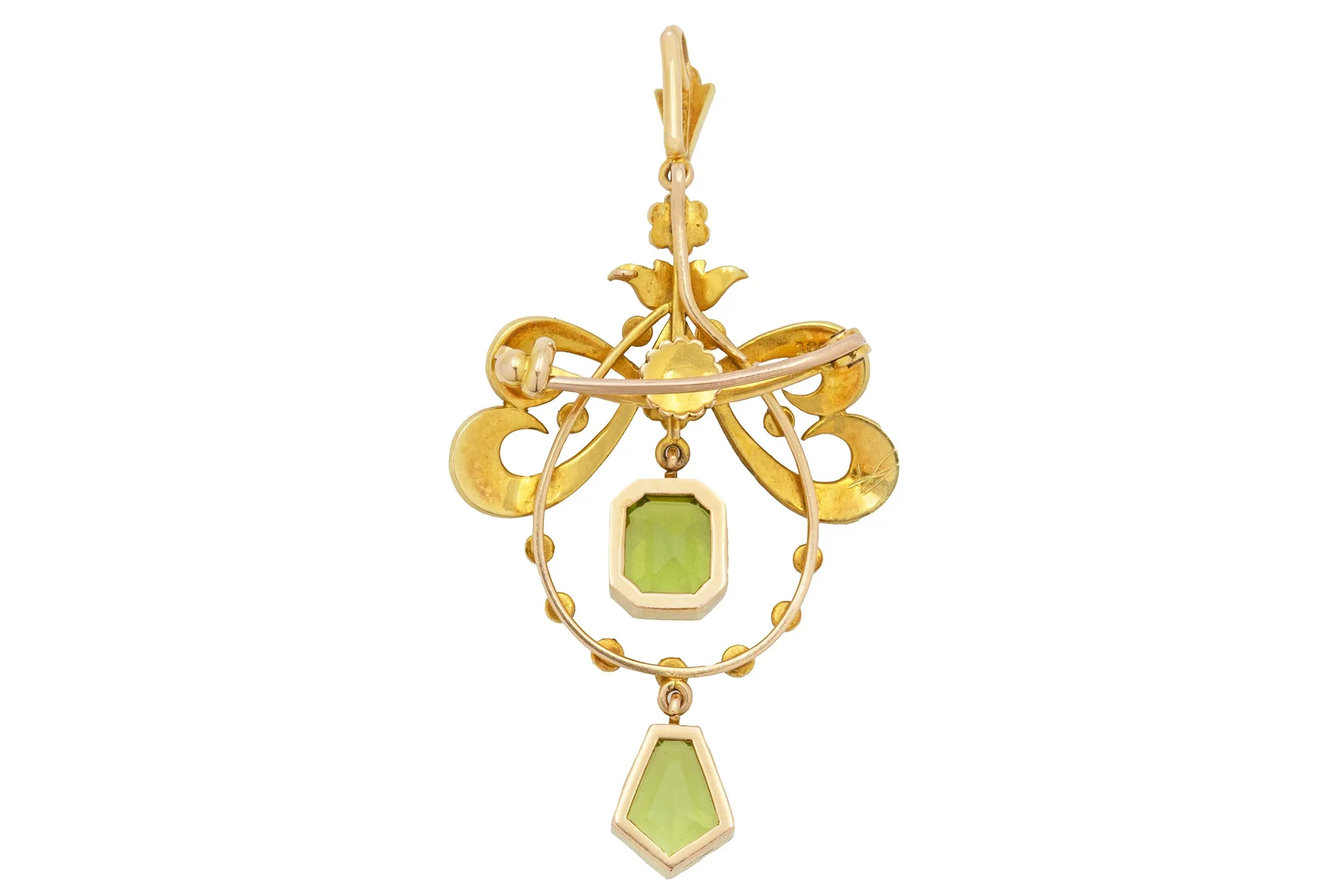 Antique 15ct Gold Peridot Pearl Pendant (4.00ct), Brooch Fitting