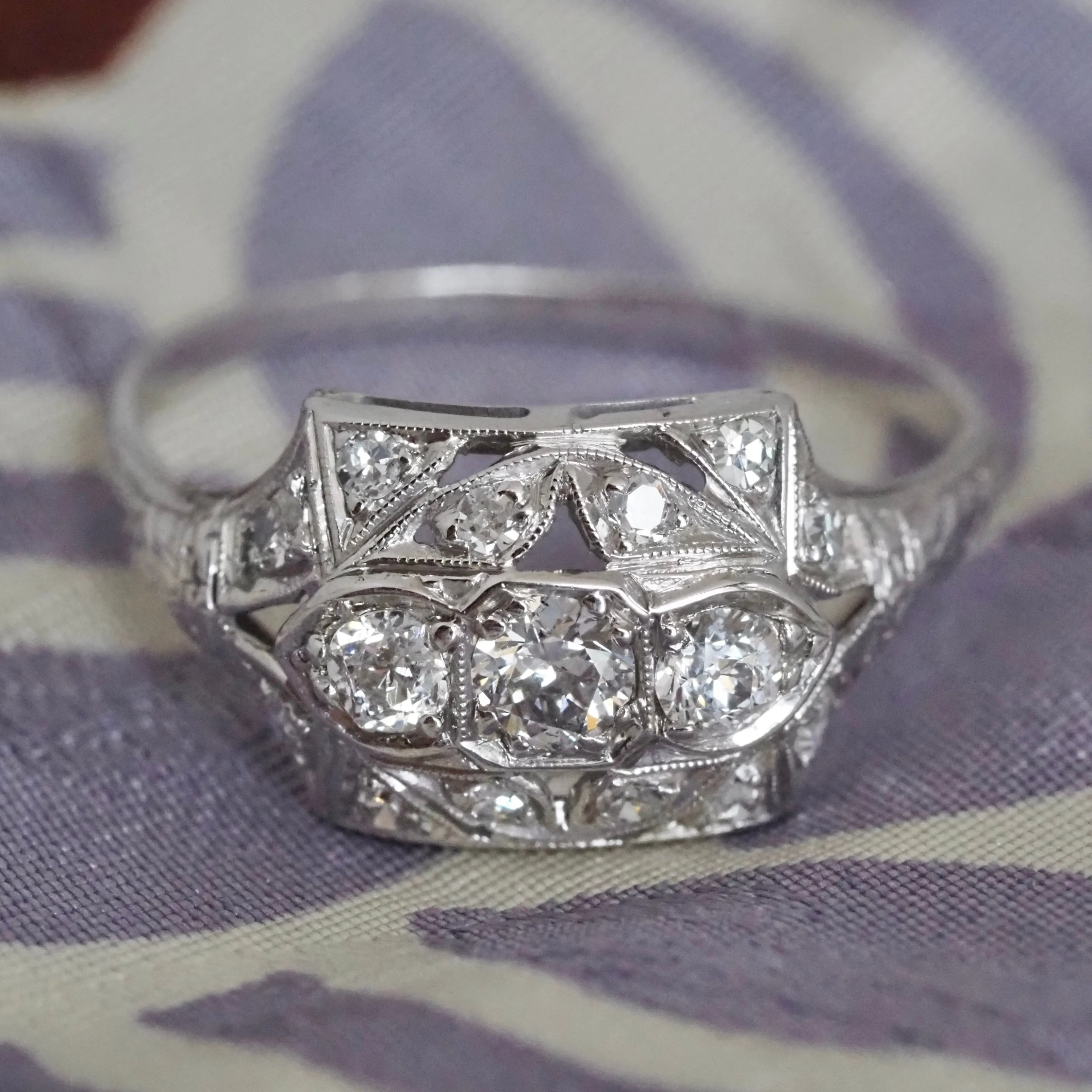 Antique Art Deco 18k White Gold Old Mine Cut Trilogy Ring
