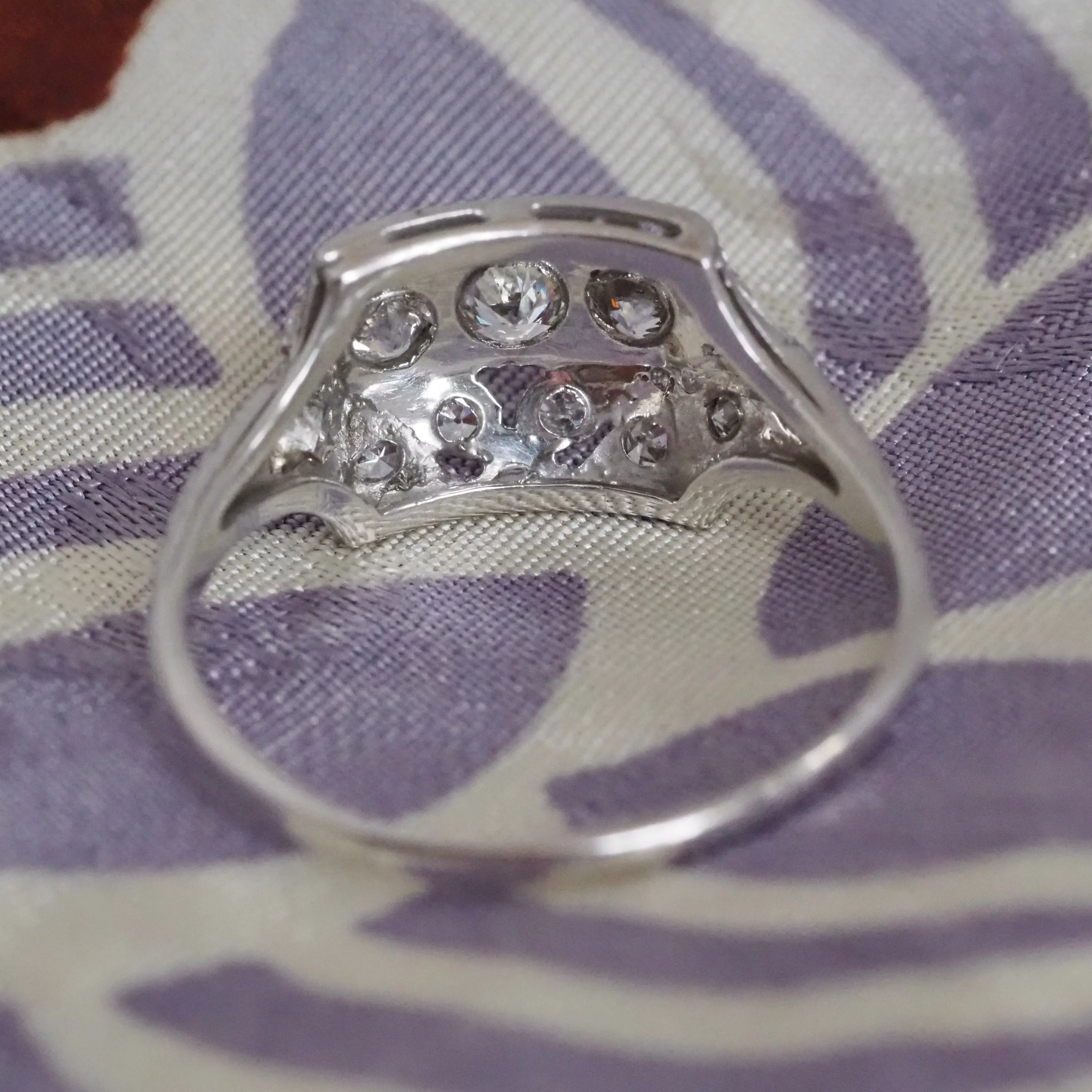 Antique Art Deco 18k White Gold Old Mine Cut Trilogy Ring