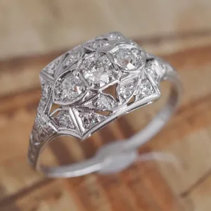 Antique Art Deco 18k White Gold Old Mine Cut Trilogy Ring