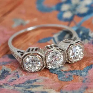 Antique Art Deco c.1914 18k Gold Old European Cut Diamond Trilogy Ring