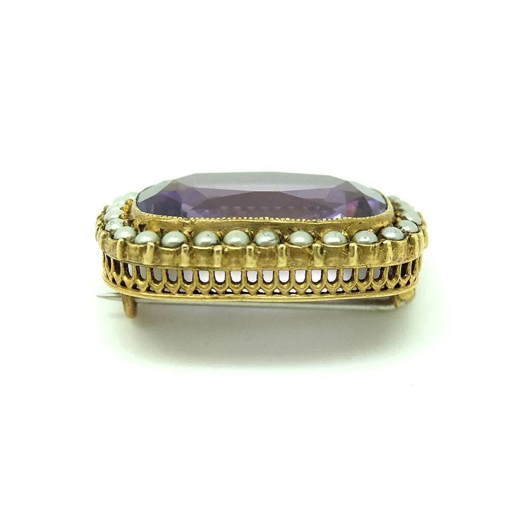 Antique Victorian Amethyst Glass Seed Pearl Brooch