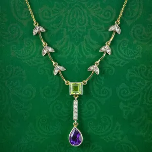 Art Deco Style Suffragette Lavaliere Necklace Peridot Amethyst Diamond