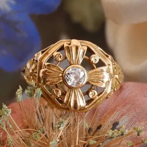 Art Nouveau Old Mine Cut Diamond 18k Gold Floral Ring