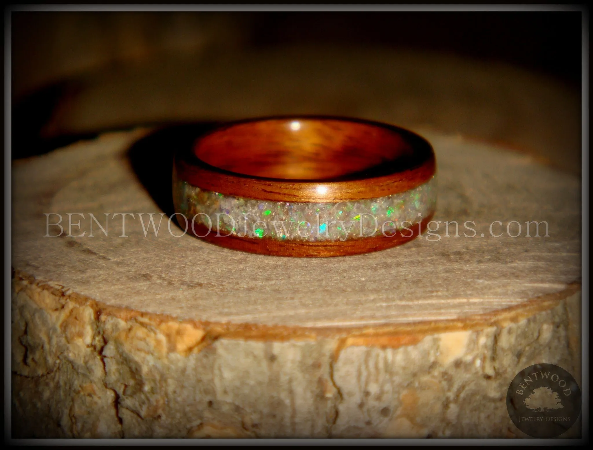 Bentwood Ring - "Prism" Rosewood Wooden Ring with Ethiopian Welo Fire Opal Inlay