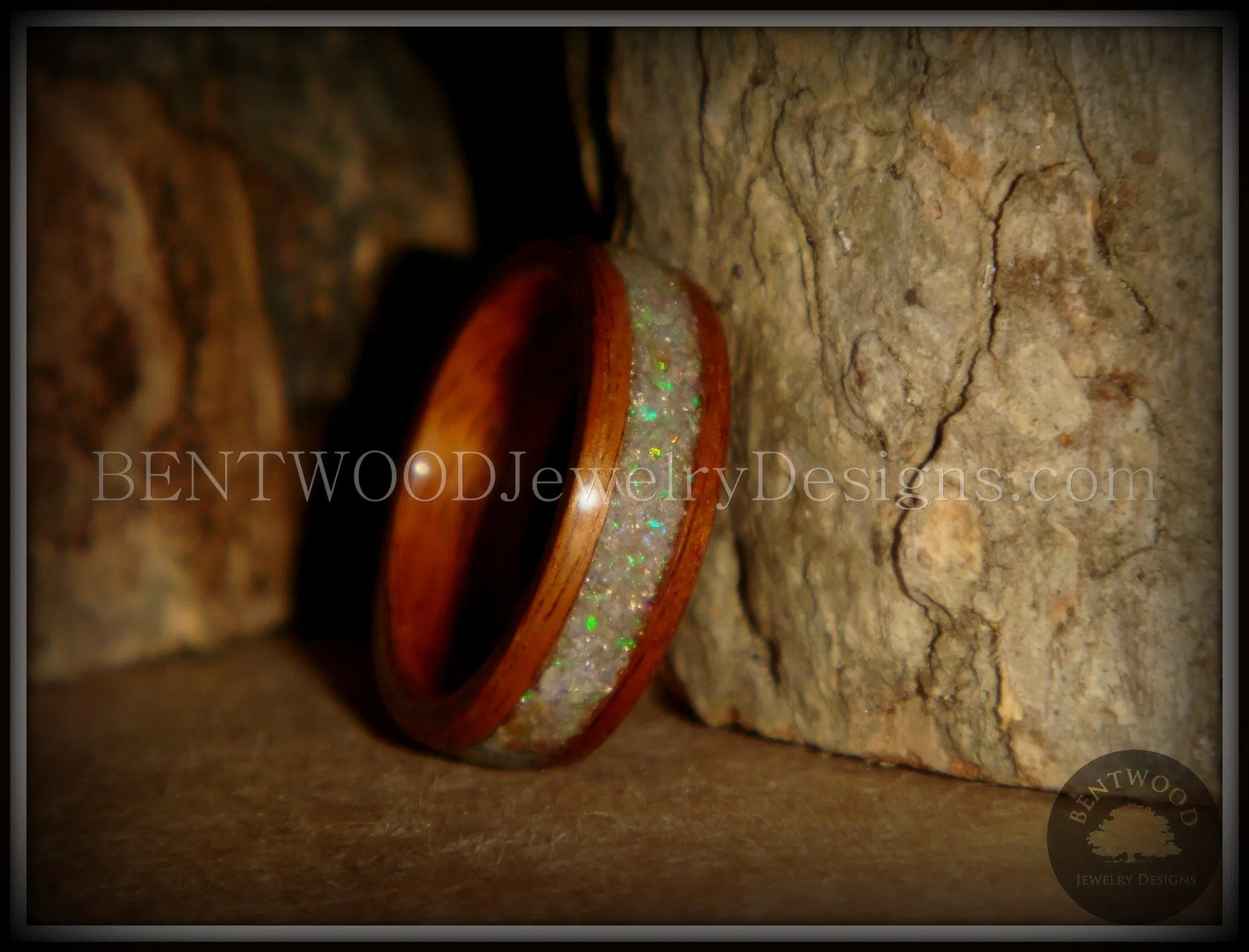Bentwood Ring - "Prism" Rosewood Wooden Ring with Ethiopian Welo Fire Opal Inlay