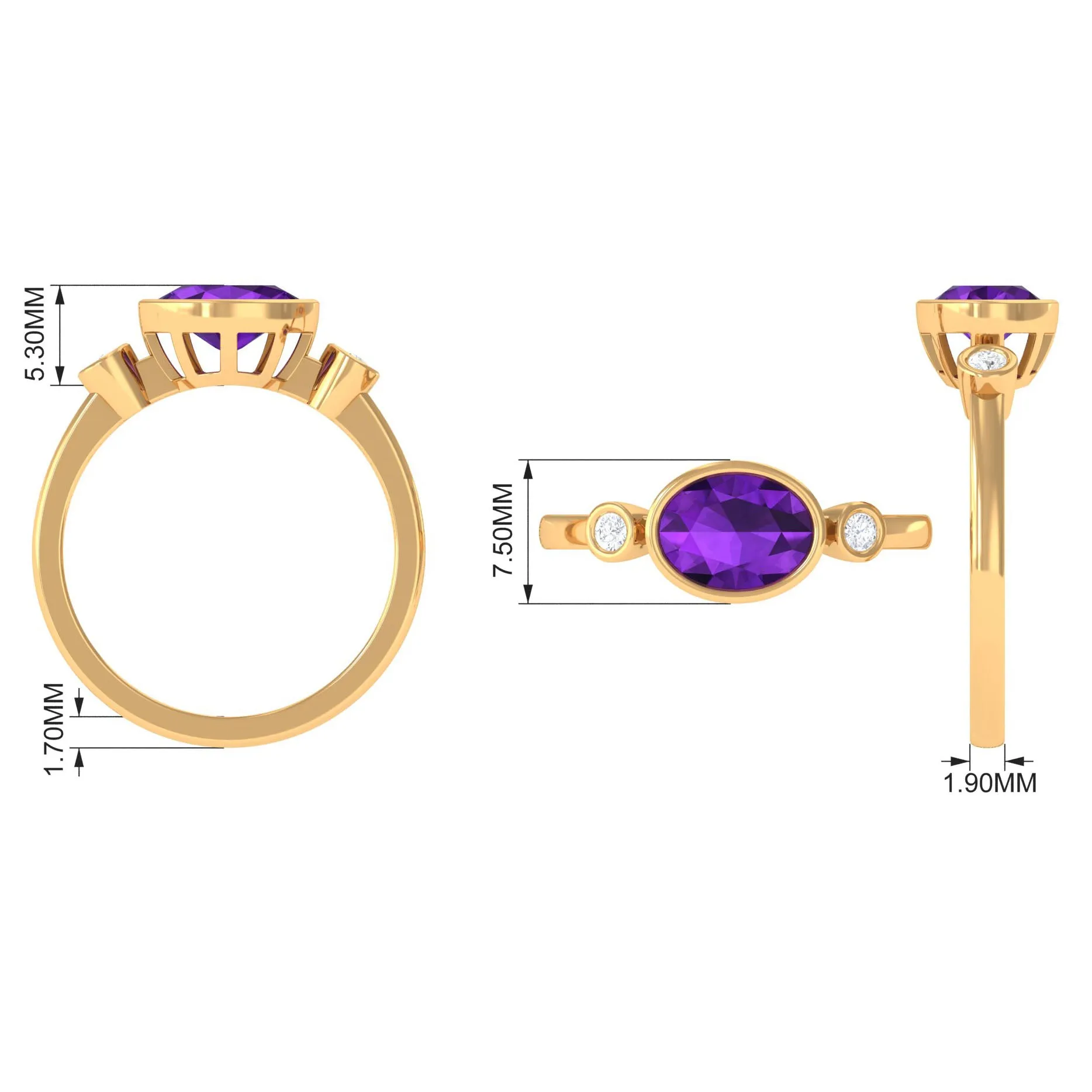 Bezel Set Oval Amethyst Solitaire East West Ring with Diamond
