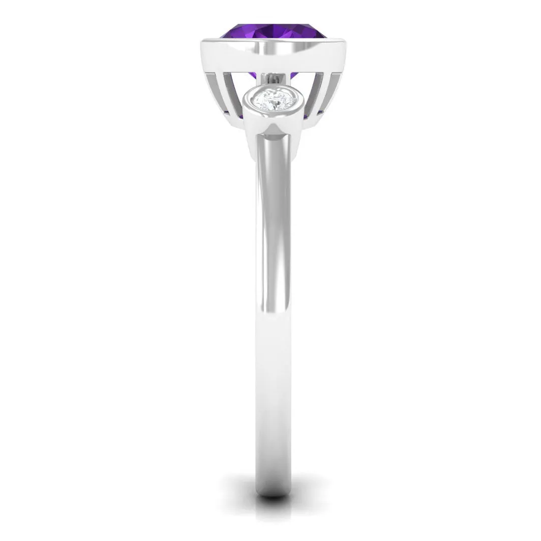 Bezel Set Oval Amethyst Solitaire East West Ring with Diamond