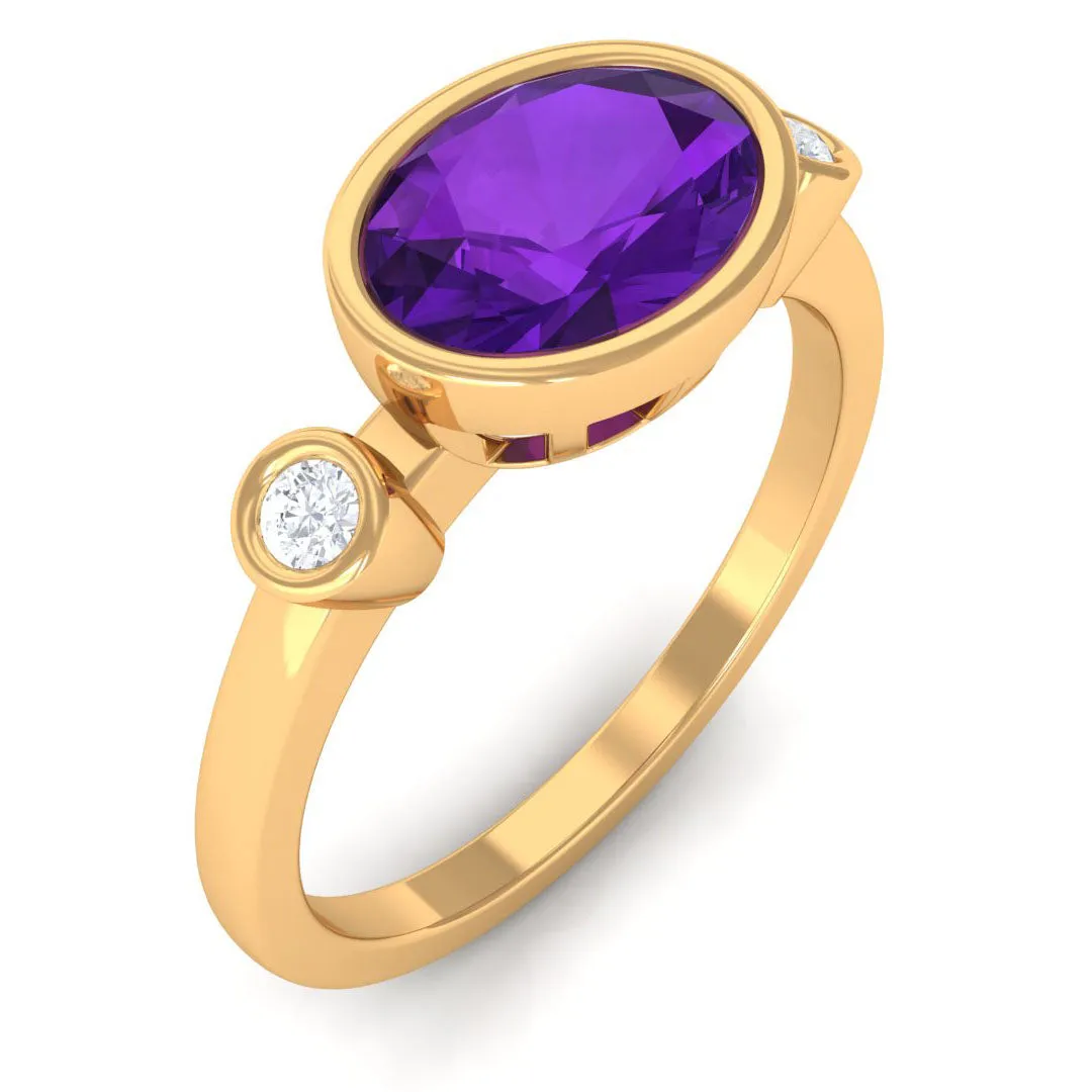 Bezel Set Oval Amethyst Solitaire East West Ring with Diamond