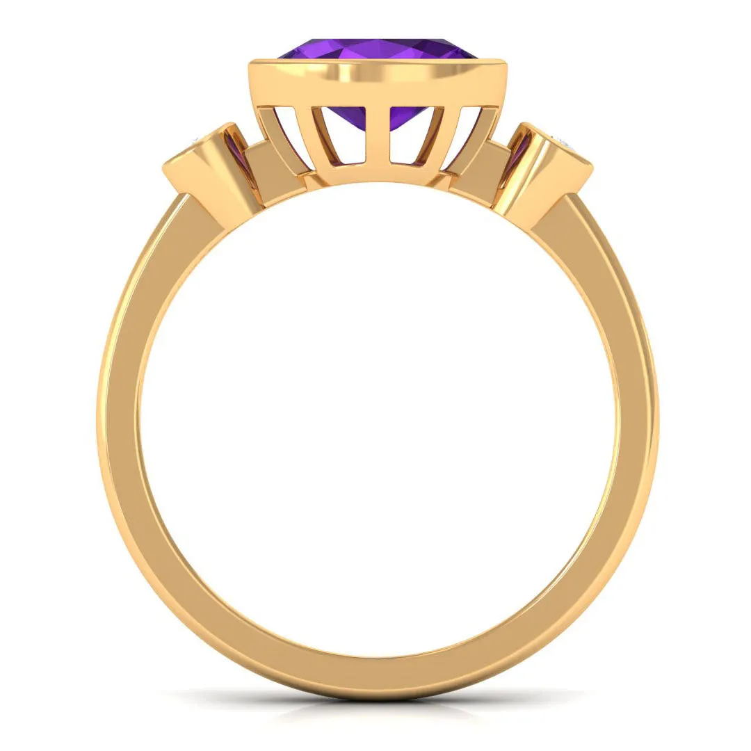 Bezel Set Oval Amethyst Solitaire East West Ring with Diamond