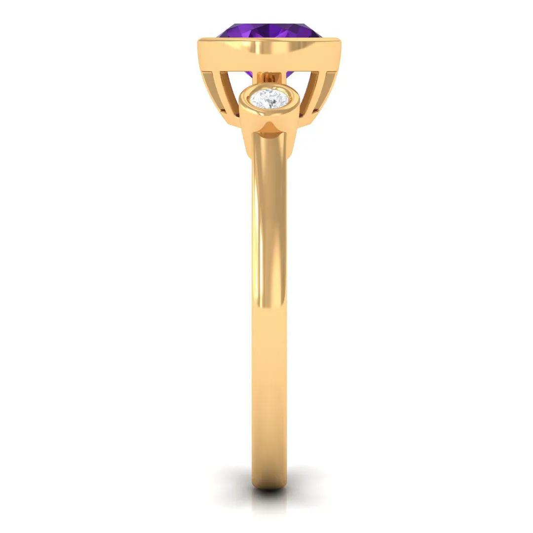 Bezel Set Oval Amethyst Solitaire East West Ring with Diamond