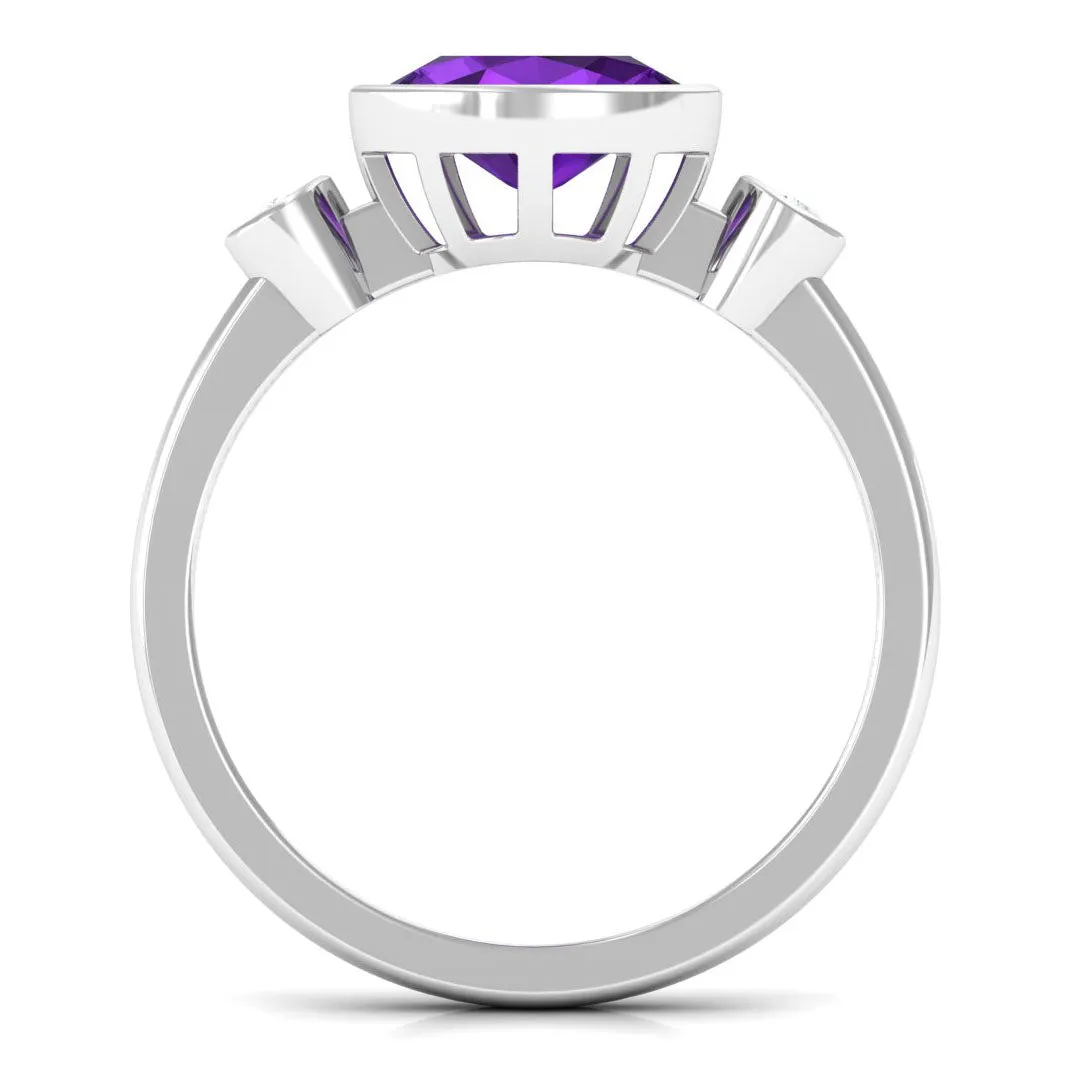 Bezel Set Oval Amethyst Solitaire East West Ring with Diamond