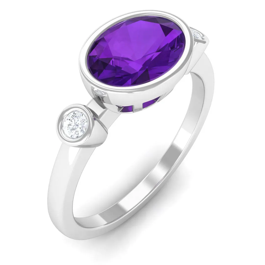Bezel Set Oval Amethyst Solitaire East West Ring with Diamond