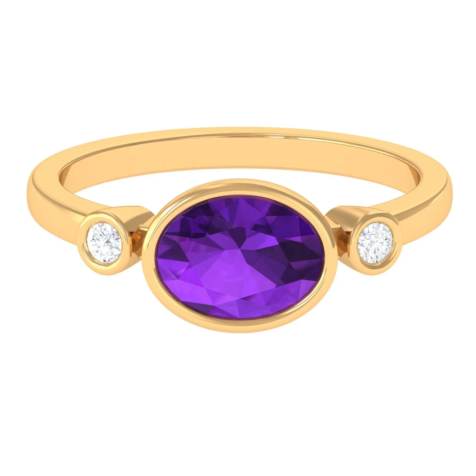 Bezel Set Oval Amethyst Solitaire East West Ring with Diamond